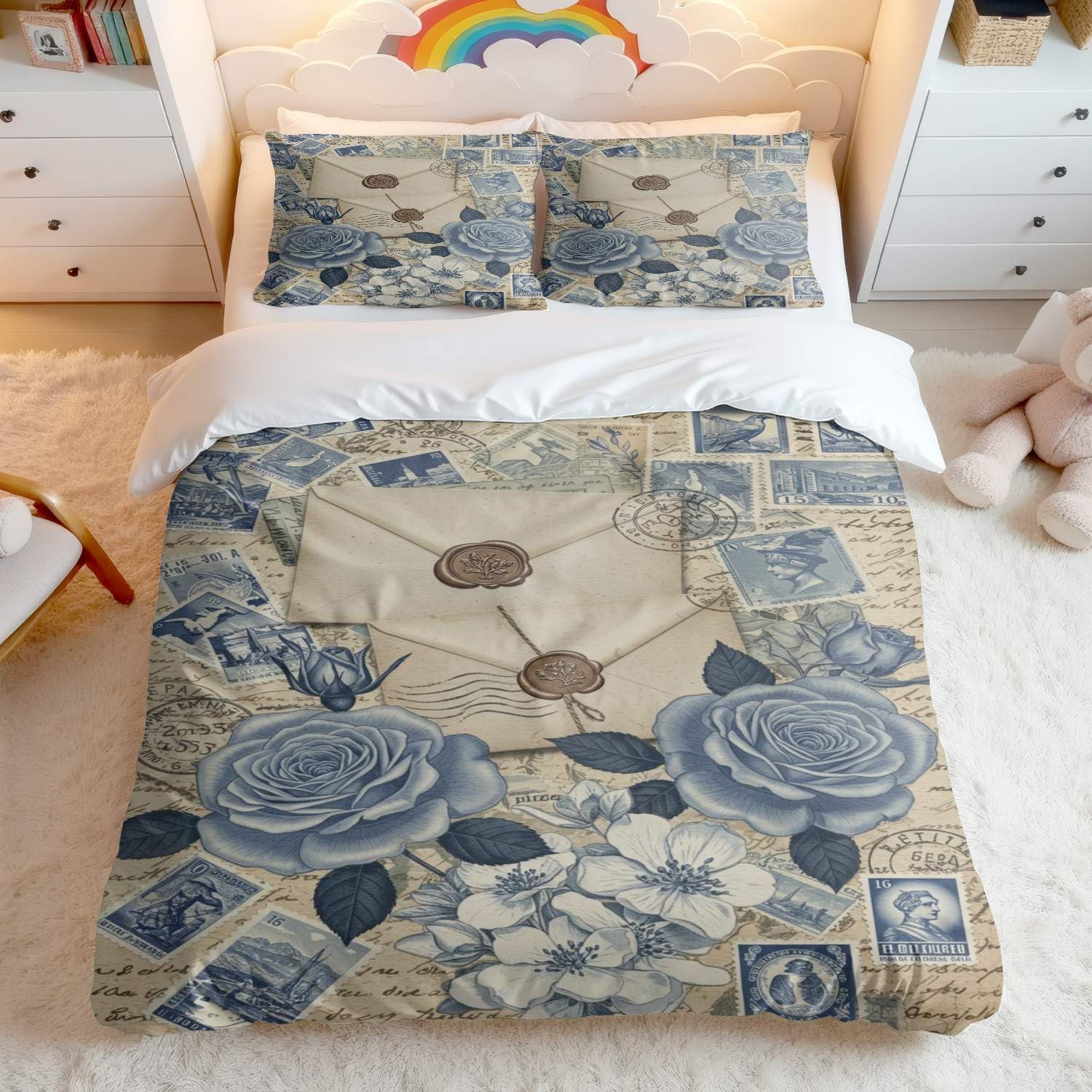 Housse de couette rose bleue 200x200 parure de lit vintage beige