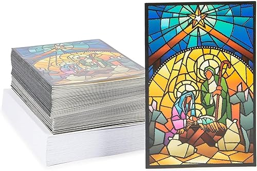 Miniatura 6 de Tarjetas de felicitación de vitrales, paquete de 48, 4 x 6 pulgadas, belén - con sobres forrados de papel de aluminio dorado y paneles interiores en