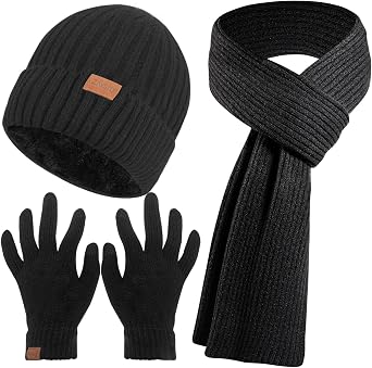 Winter Beanie Hat Scarf Gloves Set for Men & Women, 3PCS Knitted Warm Long Fleece Scarf with Touchscreen Gloves for Christmas