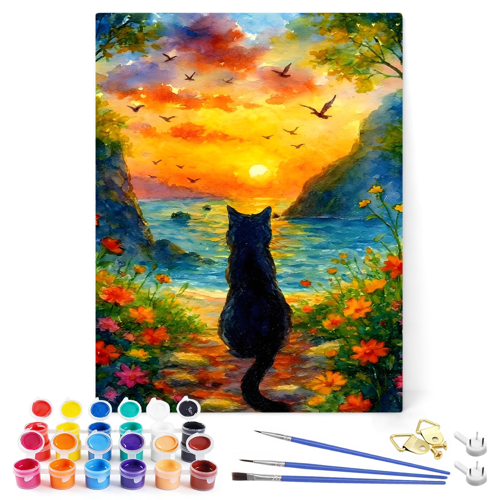 Cat Paint by Numbers for Adults, Garden Adult Paint by Numbers Canvas Kits, Unframed Mini Paint by Numbers Kit by Numbers for Adults, DIY Black Cat Canvas Wall Art for Home Decor 11.8x15.7in