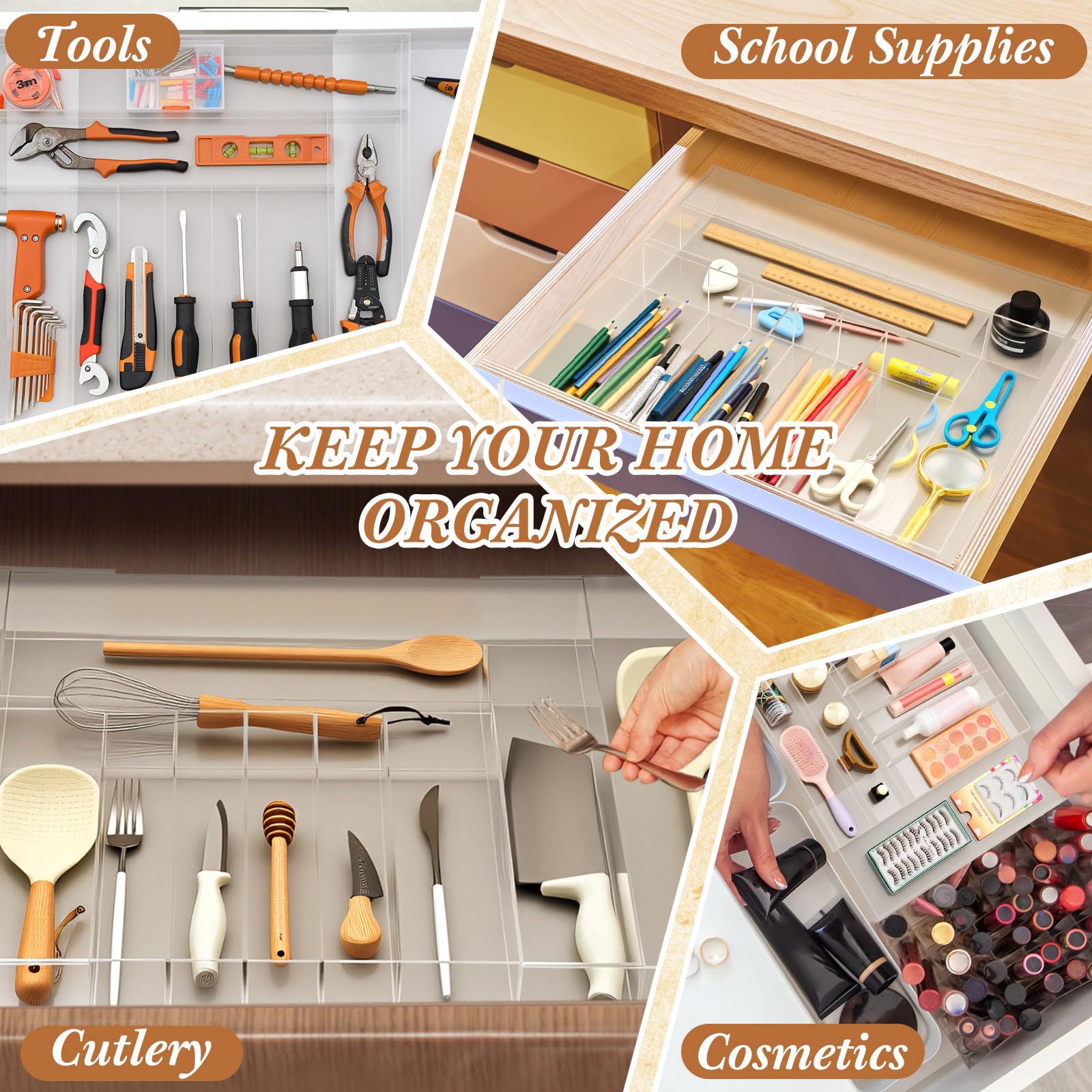 Teenyyou Organisateur de tiroir de cuisine extensible en acrylique transparent, organiseur d'ustensiles réglable en acrylique pour tiroirs de cuisine, couverts et couteaux (9 à 11 compartiments, 47,7