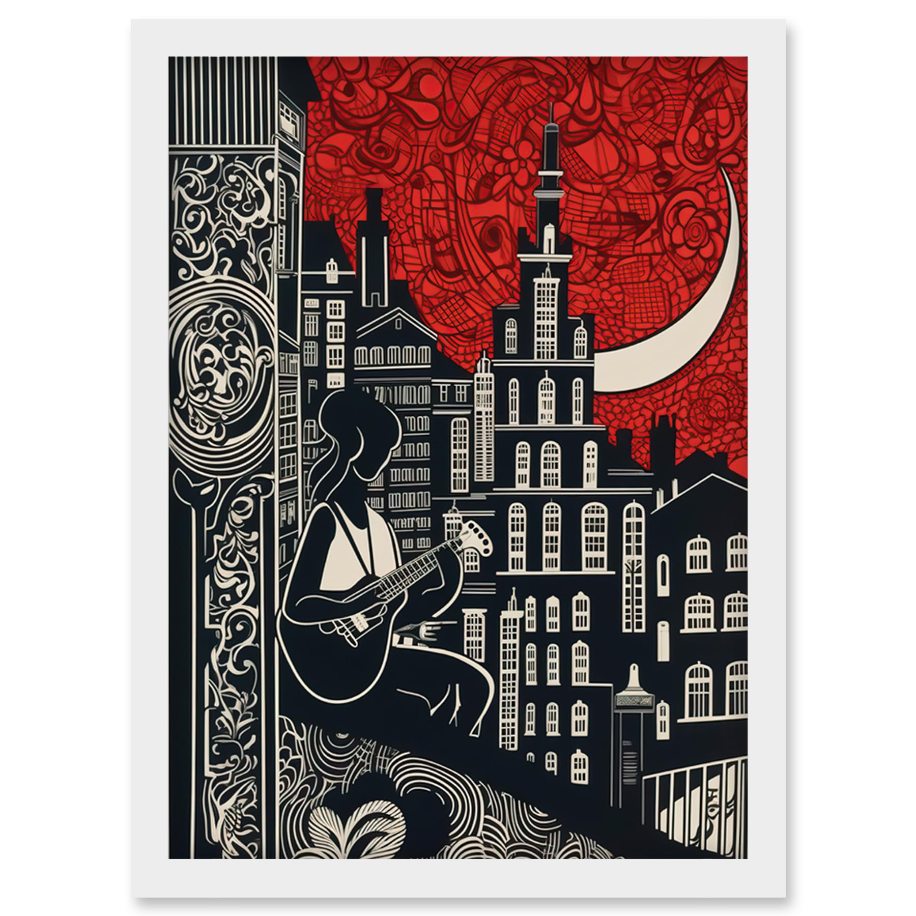 Artery8 Street Musician Guitarist in Edinburgh Cityscape Artwork Framed Wall Art Print A4