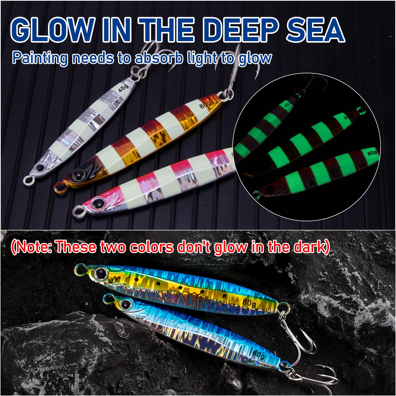 Dr.Fish Confezione da 3 esche da pesca in acqua salata Jigging Cucchiaio Esche da pesca Offshore Glow Verticale Diamante Metallo Casting Jig Acqua Salata Striper Snapper Sgombro
