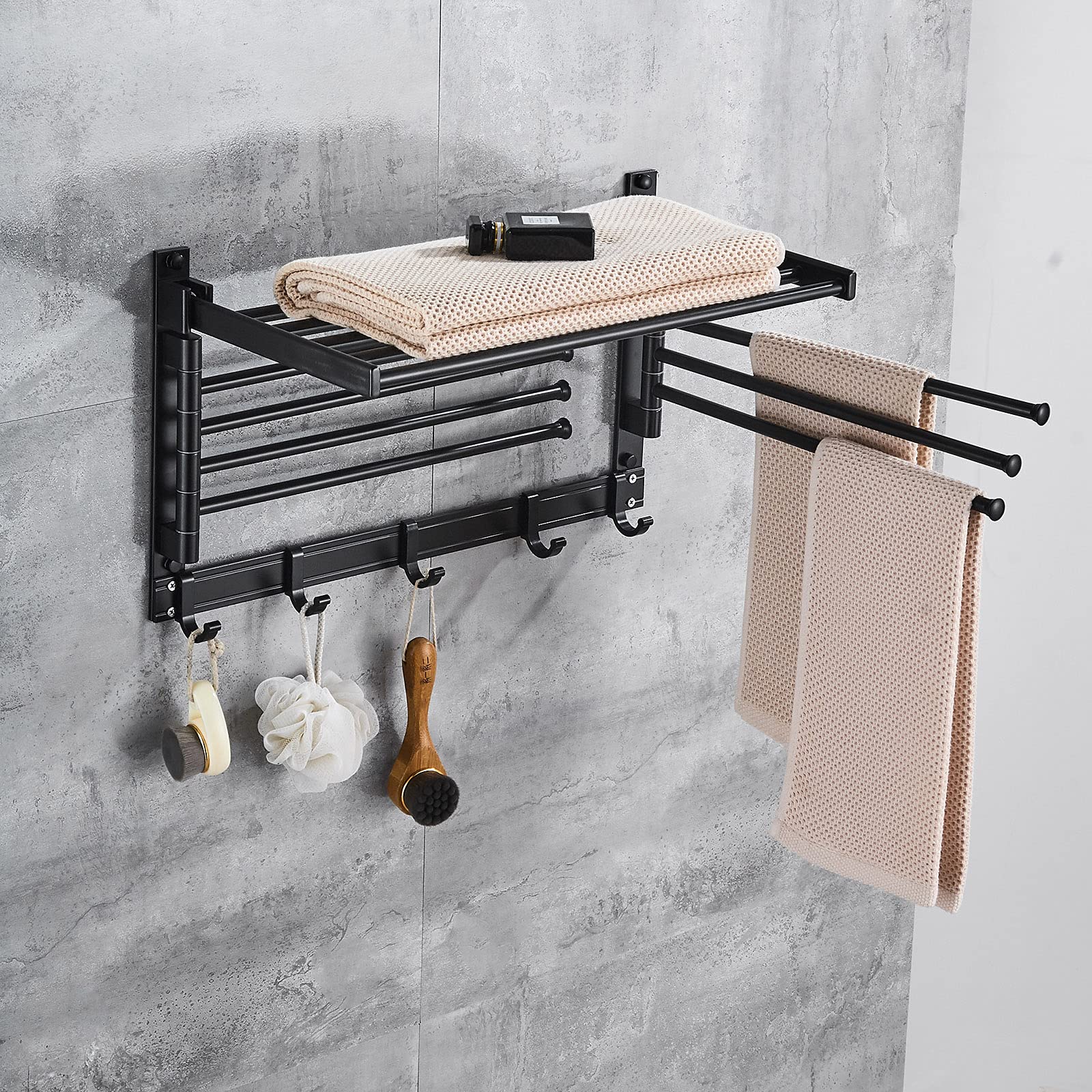 Wall Mounted Swivel Towel Rack,Foldable Laundry Clothes Drying Rack,Bathroom Kitchen Towel Rack with Hooks and Swing Arms,Bar Holder Bathroom with 7 Arms (Black)