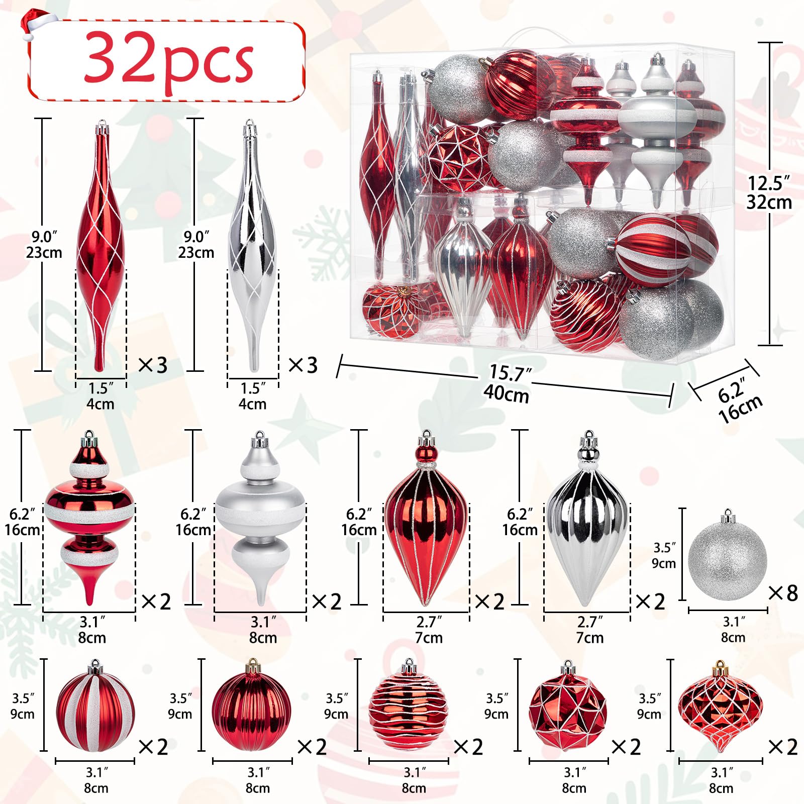 Hollyone Lot de 32 boules de Noël incassables en plastique - Différentes boules de Noël - Ornements à suspendre pour sapin de Noël, vacances, fêtes, décoration d'intérieur - Rouge et argenté