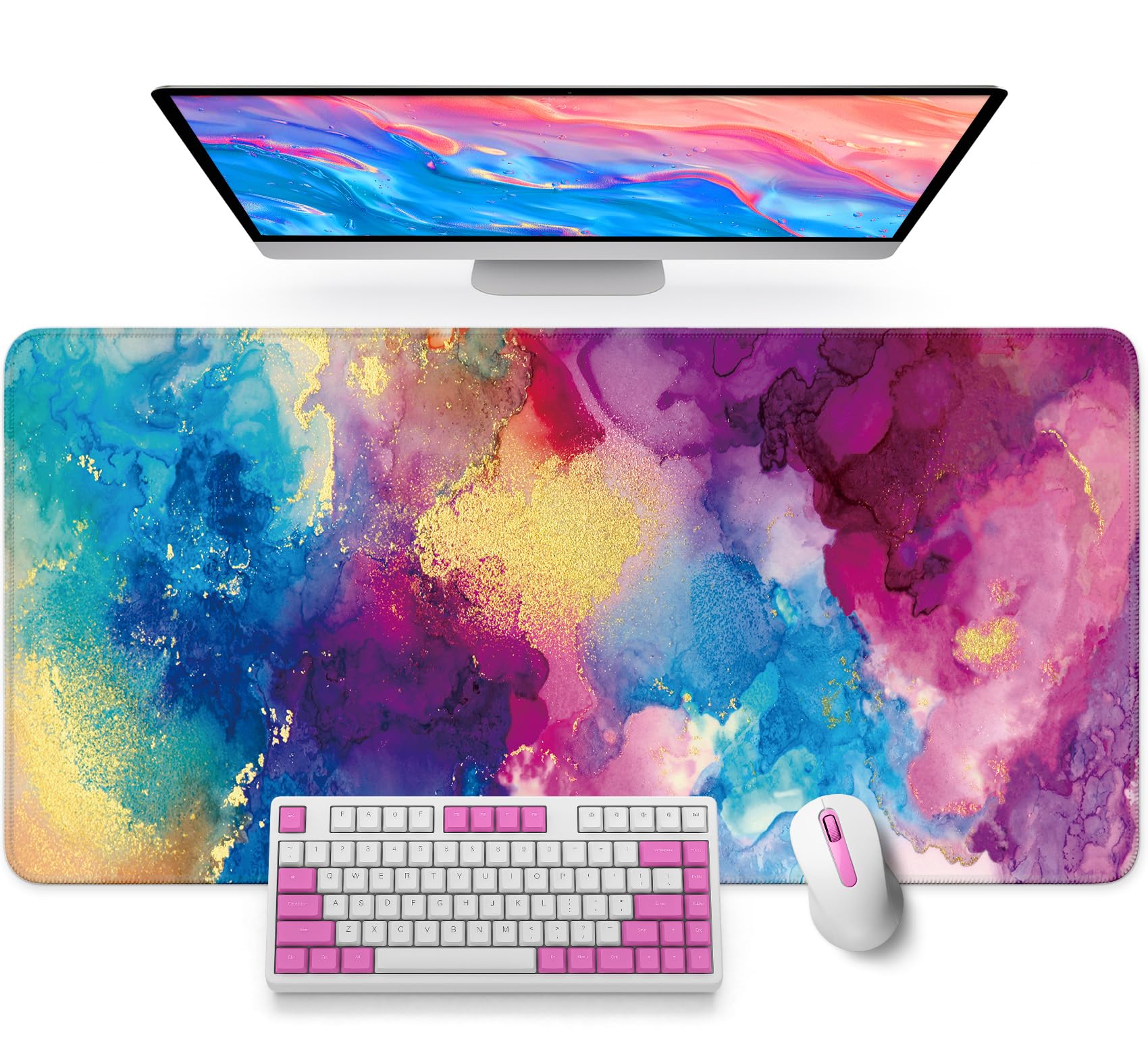 Large Mouse Pad for Desktop, Cute Desk Mat Pad Protector for Work & Gaming, Aesthetic Pretty Anti-Slip Laptop Blotter Cover for Office School Home Supplies, Color Splash, 31.5" x 11.8"