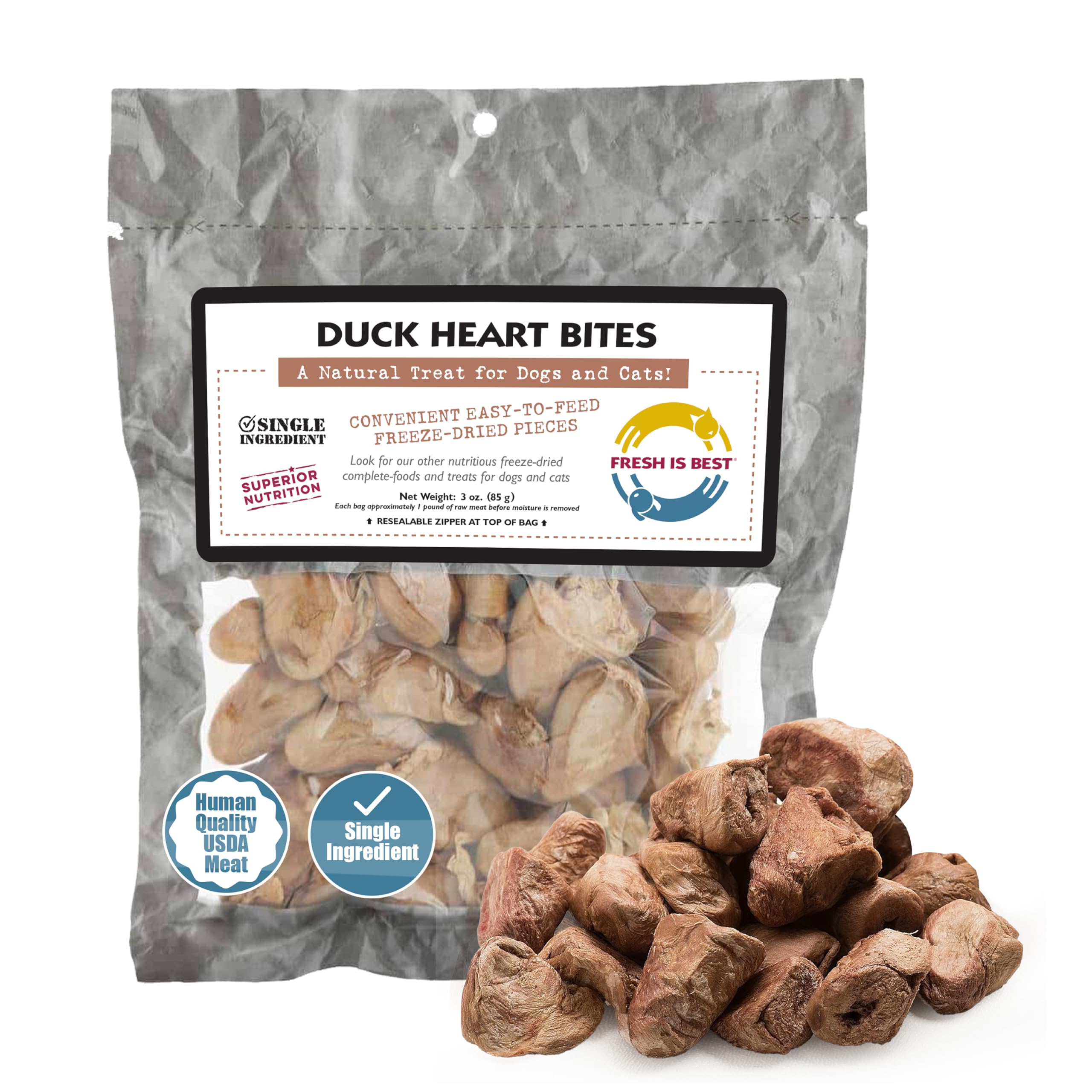 Fresh Is Best Freeze Dried Dog Treats – Raw Freeze Dried Cat Treats in Resealable Zipper Bag – High-Protein Duck Hearts for Dogs & Cats – Made in The USA