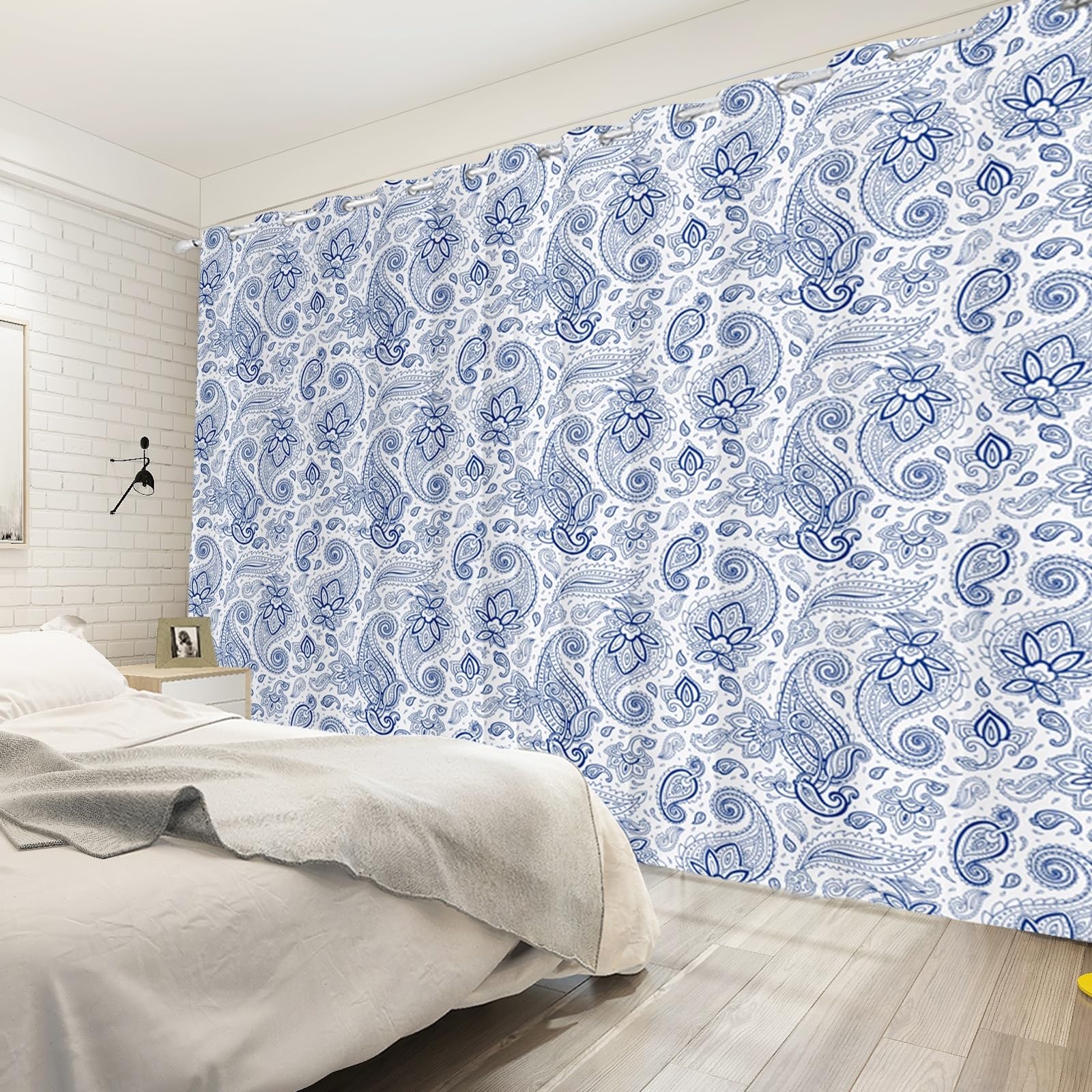135x245cm Rideau à œillets Paisley Bleu Vintage Damassé Fleuri Feuilles Motifs Bohème Ferme Isolation Séparations de pièces Occultant Rideaux pour fenêtres Chambre Salon,2 Panneau