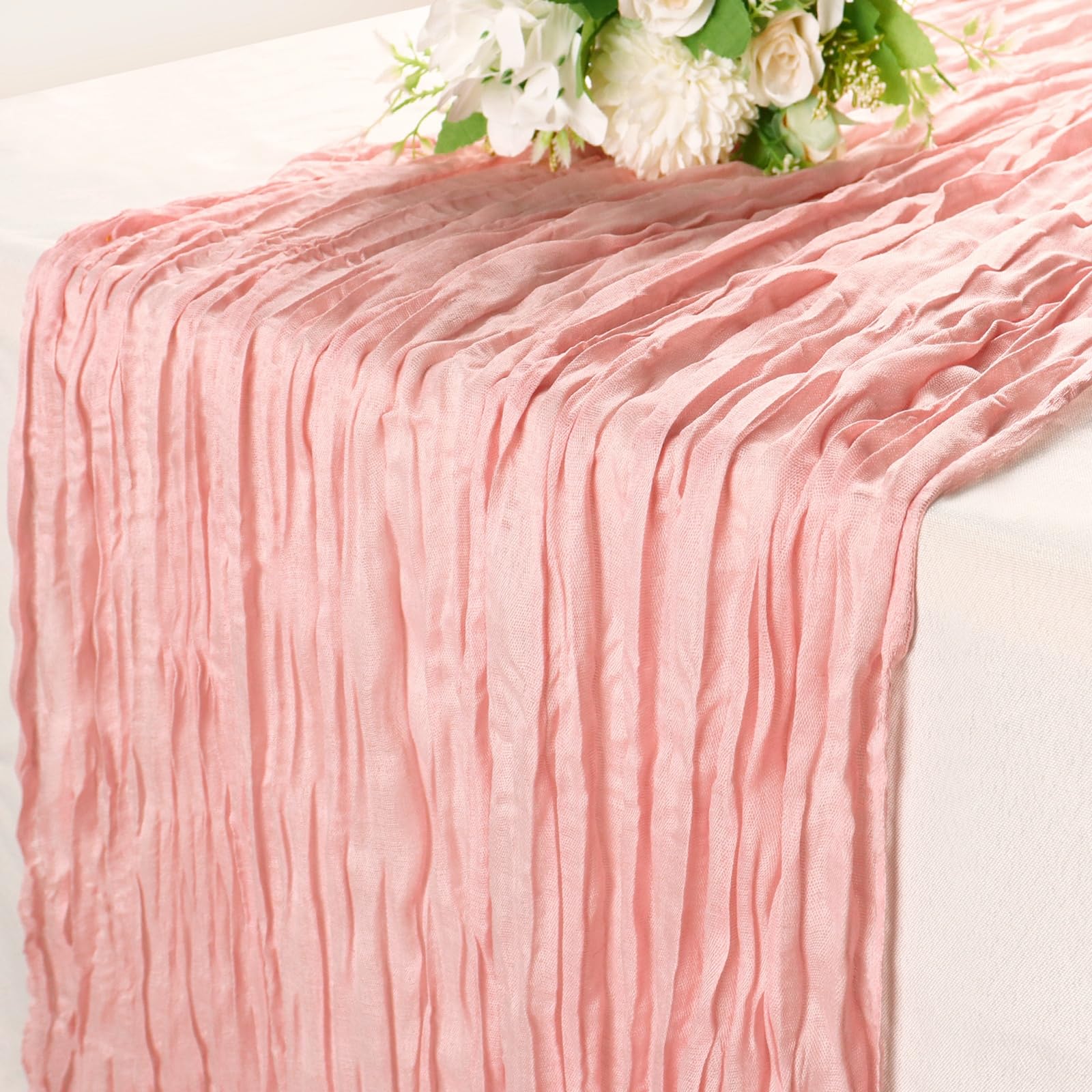 Dusty Pink Cheesecloth Table Runner 10FT Gauze Rustic Cheese Cloth Dining Table Decor Runners Long for Mother's Day Party Bridal Wedding Birthday Decorations 1Pack 35x120 Inches