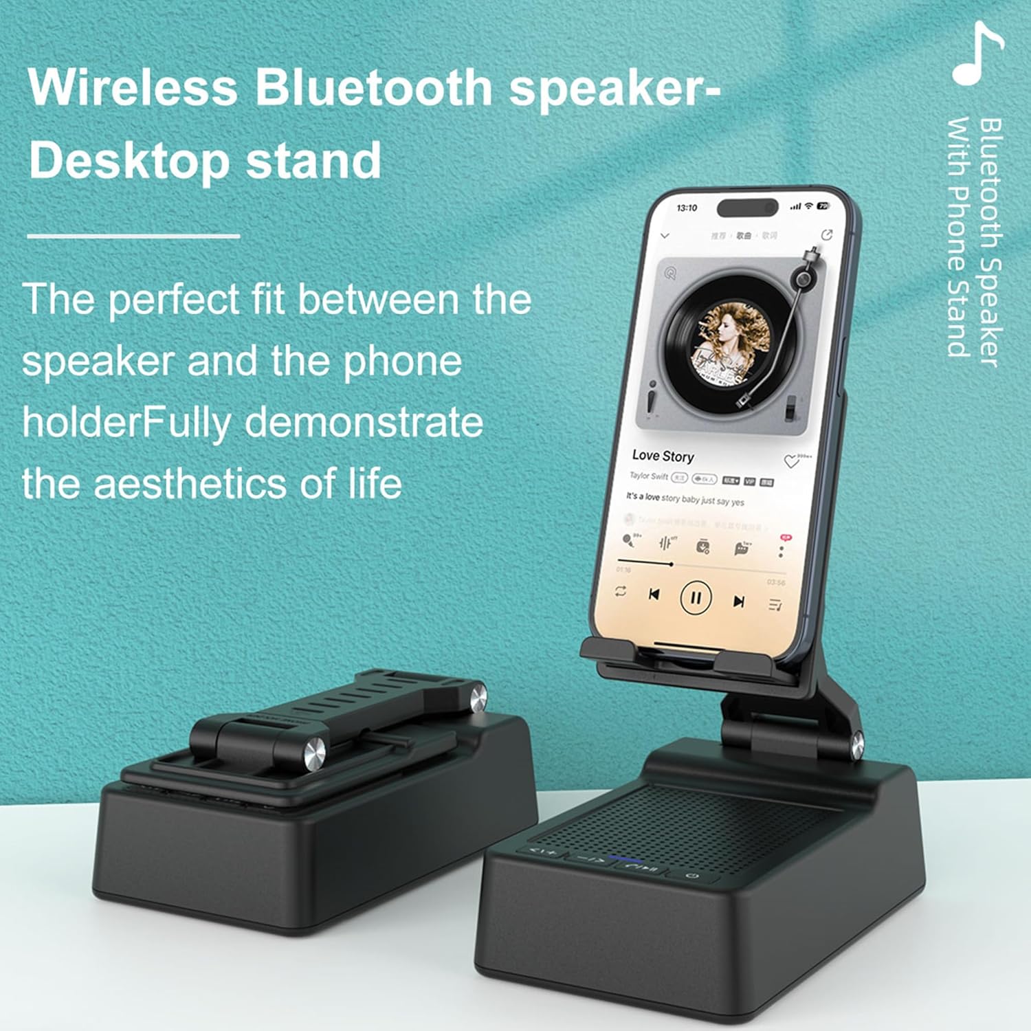Cell Phone Stand with Wireless Bluetooth Speaker Adjustable Holder Anti-Slip Base HD Surround Sound for Home, Desk & Outdoors Compatible with Mobile & Tablets - Image 2
