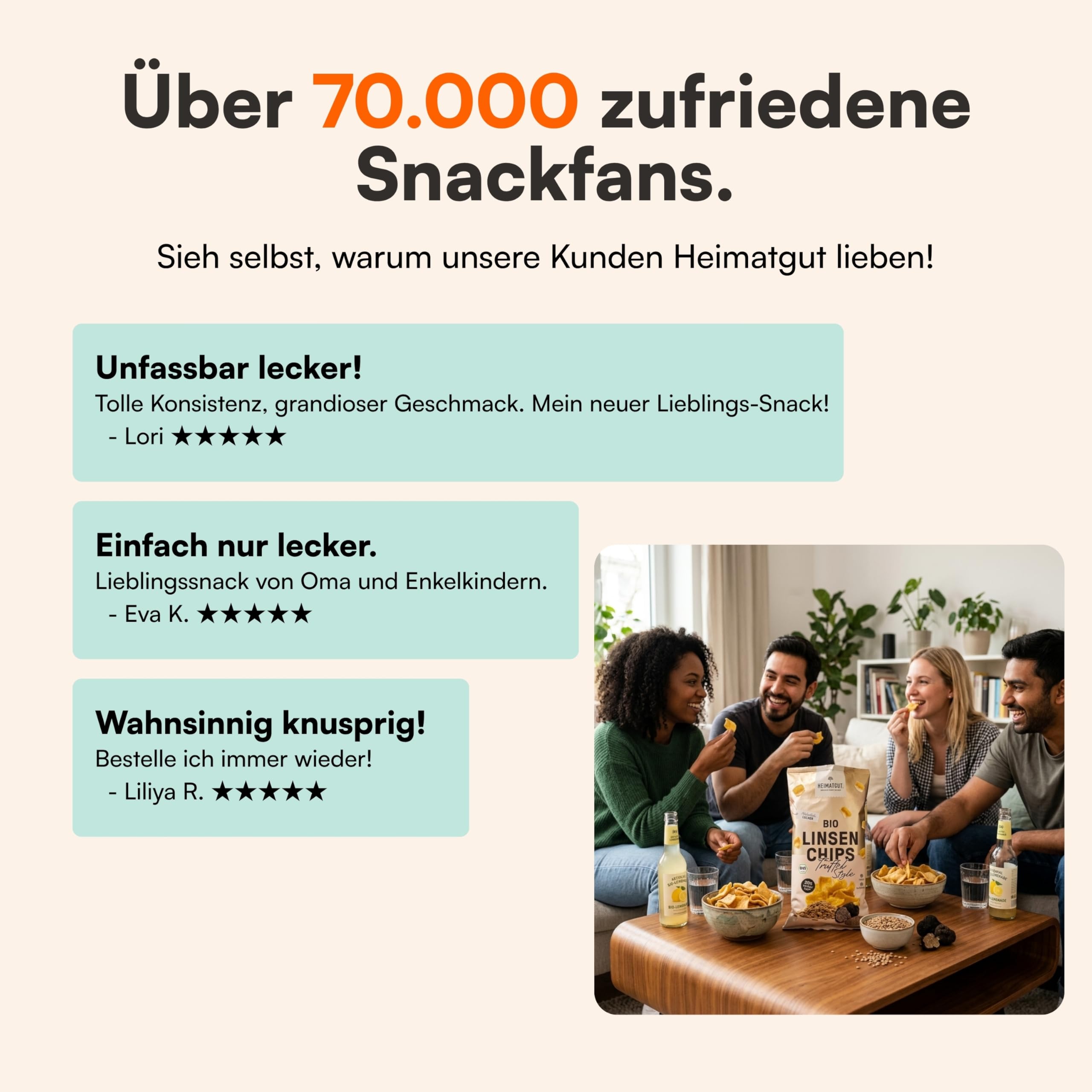 HEIMATGUT® Bio Vegane Linsen Chips Trüffel-Style | Ofengebackene Chips aus roten Linsen | Trüffel-Aroma | 30% weniger Fett | Proteinreich & glutenfrei | Ohne Zucker, Aromen & Zusatzstoffe | 12 × 75 g