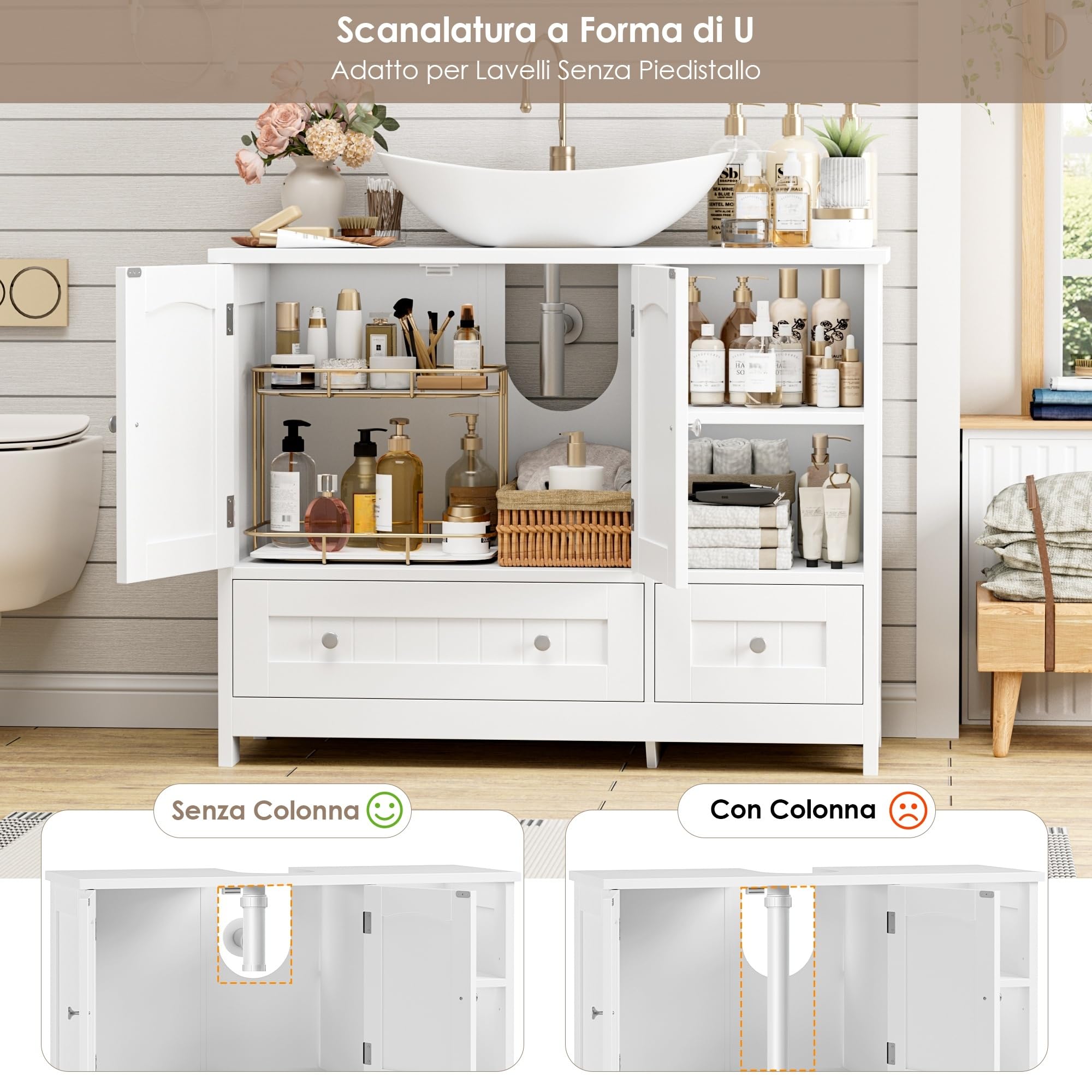 FOREHILL 80cm Mobile Bagno Sottolavabo Grande con 2 Cassetti e Ante Bianco | Mobile Sottolavabo per Bagno con Ripiani Regolabili,Mobile Bagno con 2 Scomparti Aperti,per Spazi Ridotti, Bagno,80x30x65cm