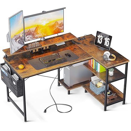 ODK 48 Inch Computer Desk with USB Charging Port & Power Outlet, L-Shaped Corner Desk with Storage Shelves & Monitor Shelf for Home Office Workstation, Modern Writing Table, Vintage