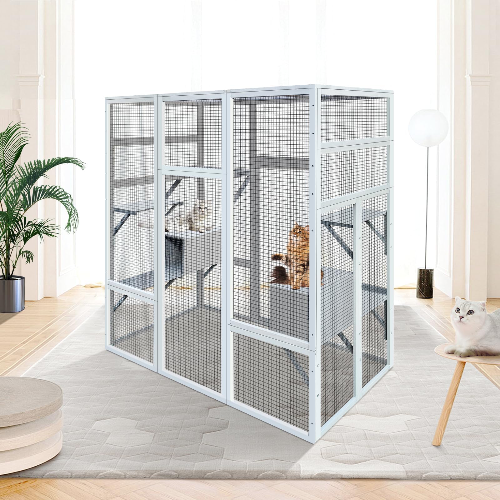 71'' Catio Outdoor Cat Enclosure, Large Wood Cat House, Wooden Walk in Cat Shelter Platforms, 7 Jumping Platform & 2 Napping Resting Box