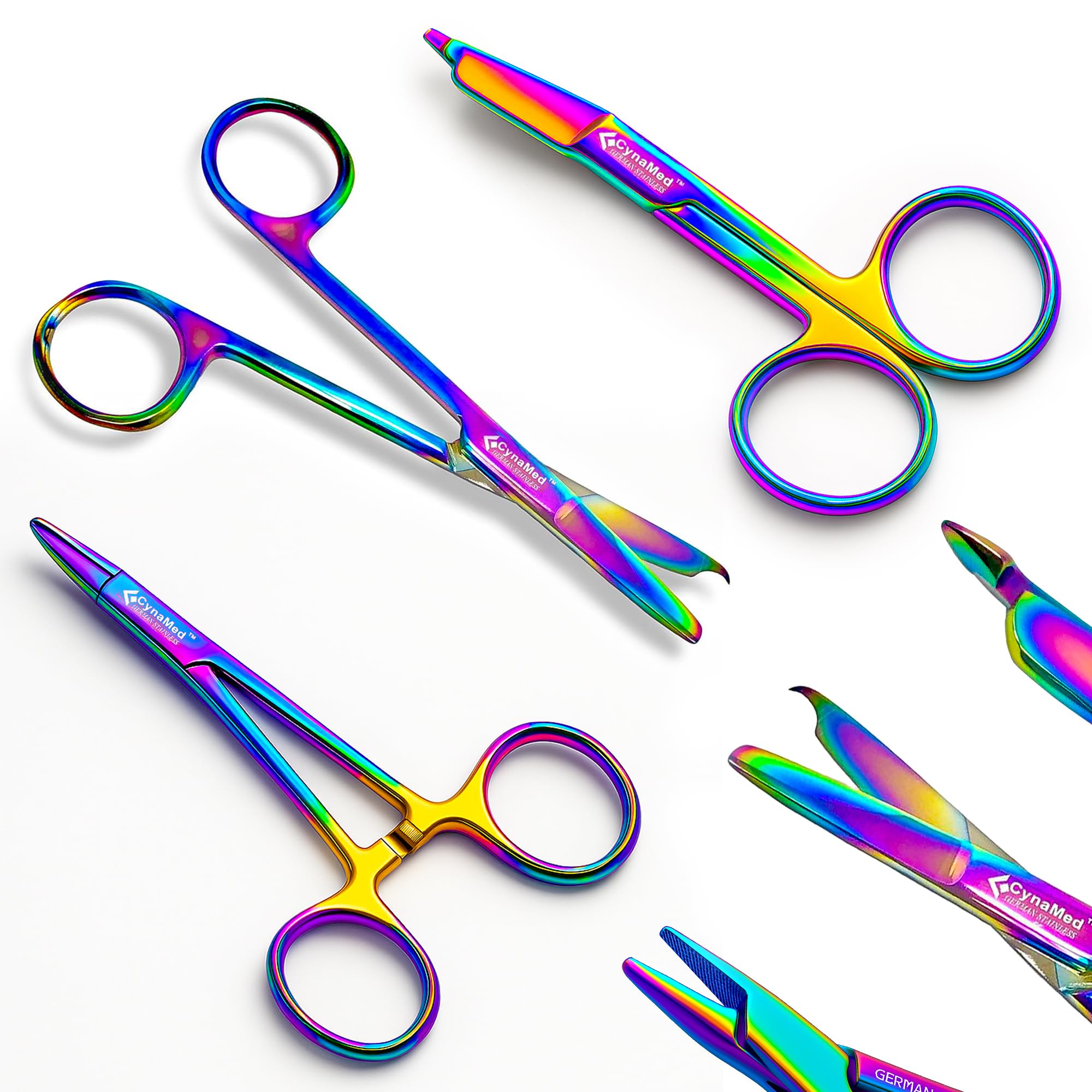Hemostat and Scissors Set (3-Piece) – Multicolor Titanium-Coated Suture Removal Scissors, Lister Bandage Scissors, and Hemostatic Forceps