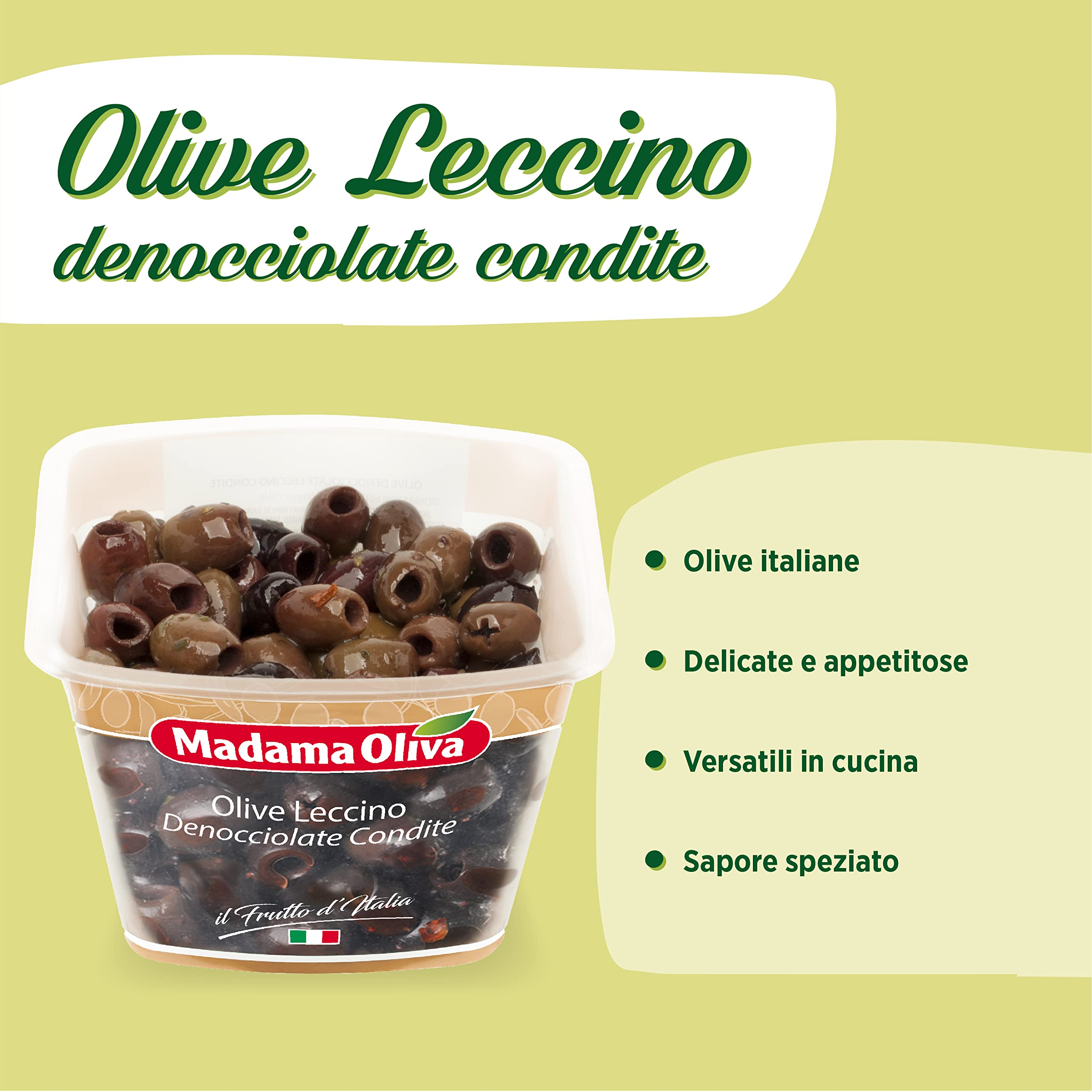 MADAMA OLIVA, Olive Nere Leccino Denocciolate Condite dal Sapore Speziato e Leggermente Aromatico, Ideale per Stuzzichini e Antipasti, 100% Made in Italy, 6 x 200 gr