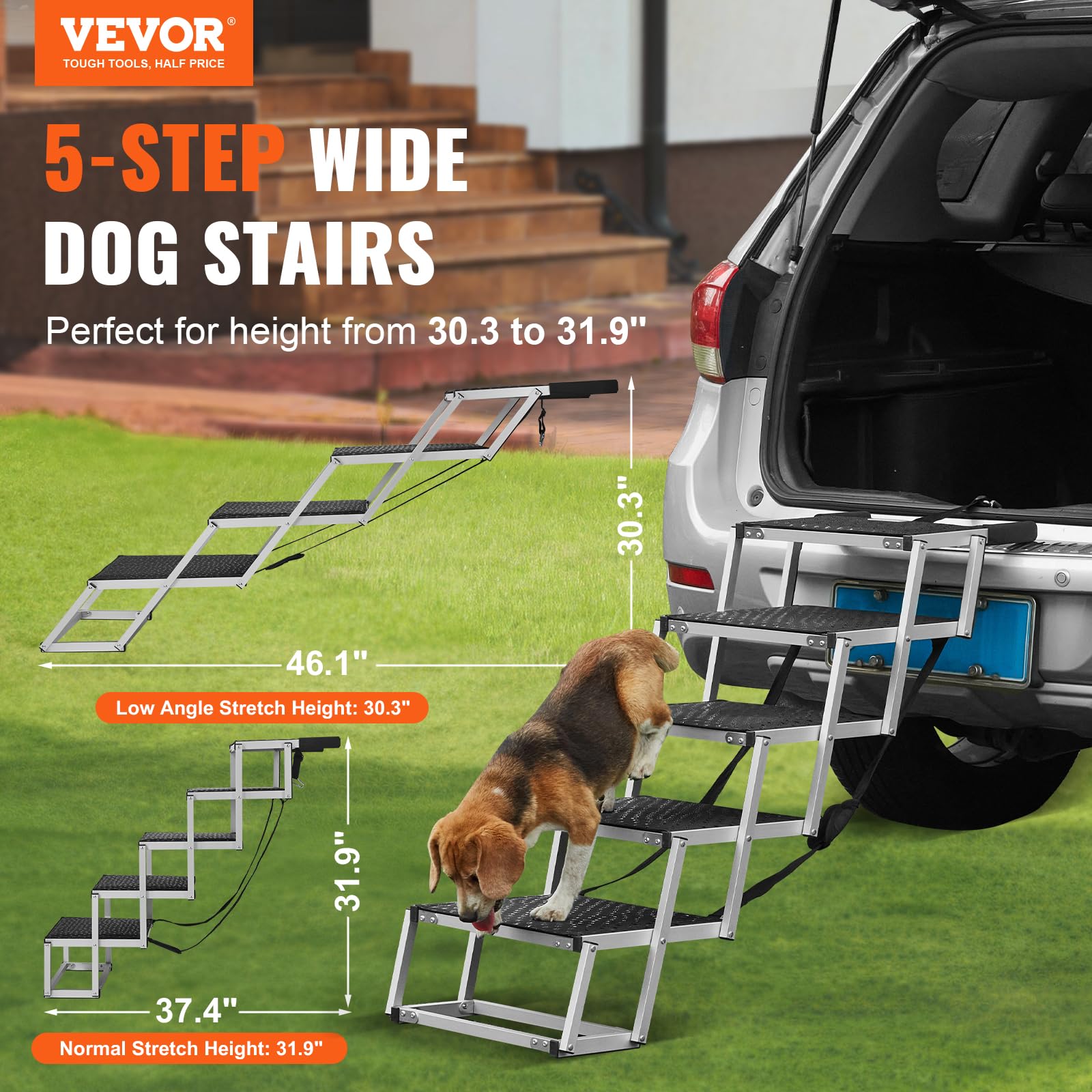 VEVOR Escaleras para Perros para Coche de 5 escalones, Carga de 68 kg Rampa Plegable para Perros de Aluminio Ligero con Superficie Antideslizante Escalones Portátiles de Mascotas para Coche y Camión