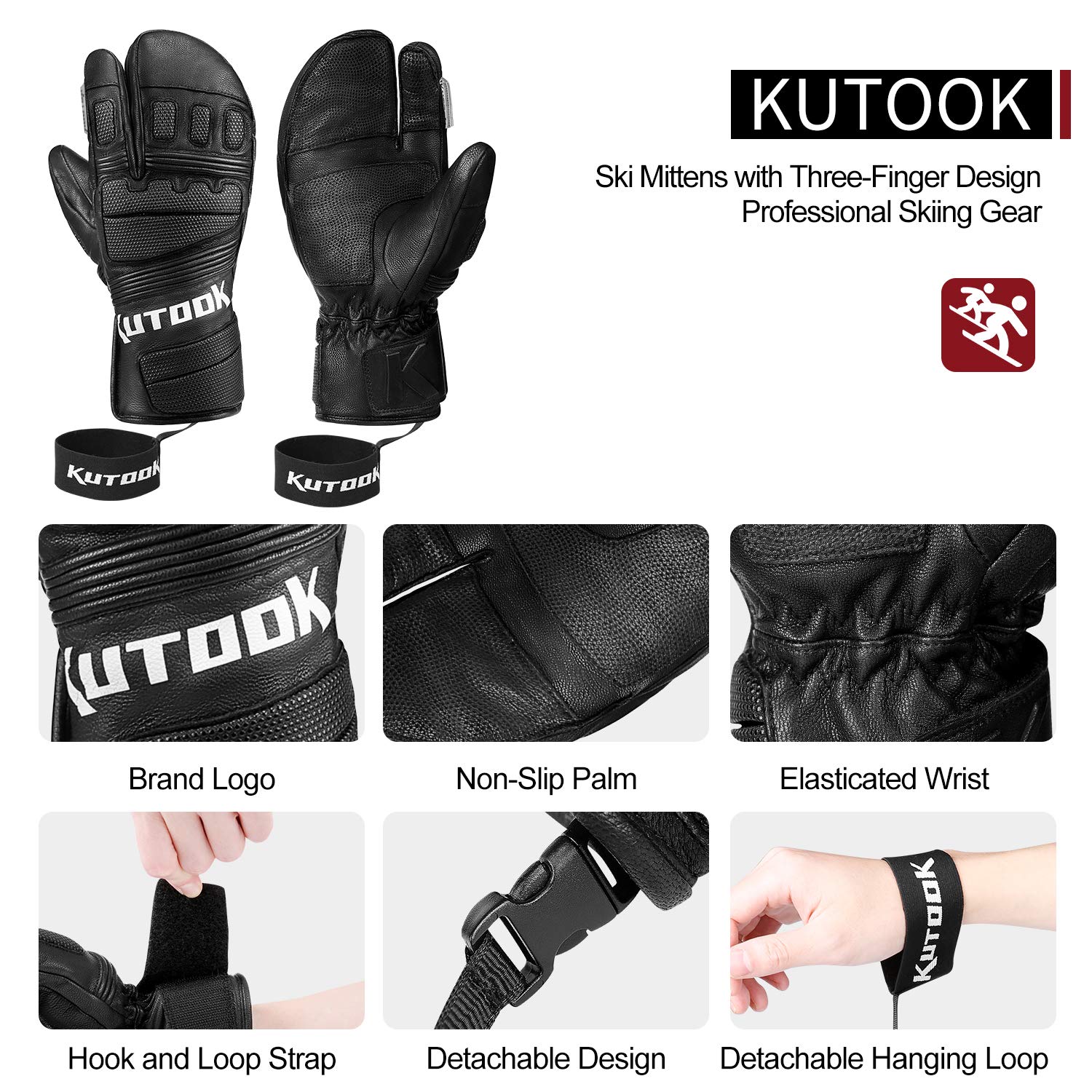 KUTOOK Guanti da Sci e Snowboard Professionale Impermeabili Antivento e Resistente per Sport Invernali da Uomo