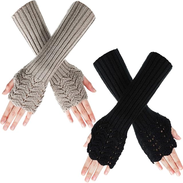 2 Pairs Winter Warm Knitted Long Arm Warmers Gloves Scale Design Knitted Arm Warmer Thumb Hole Gloves