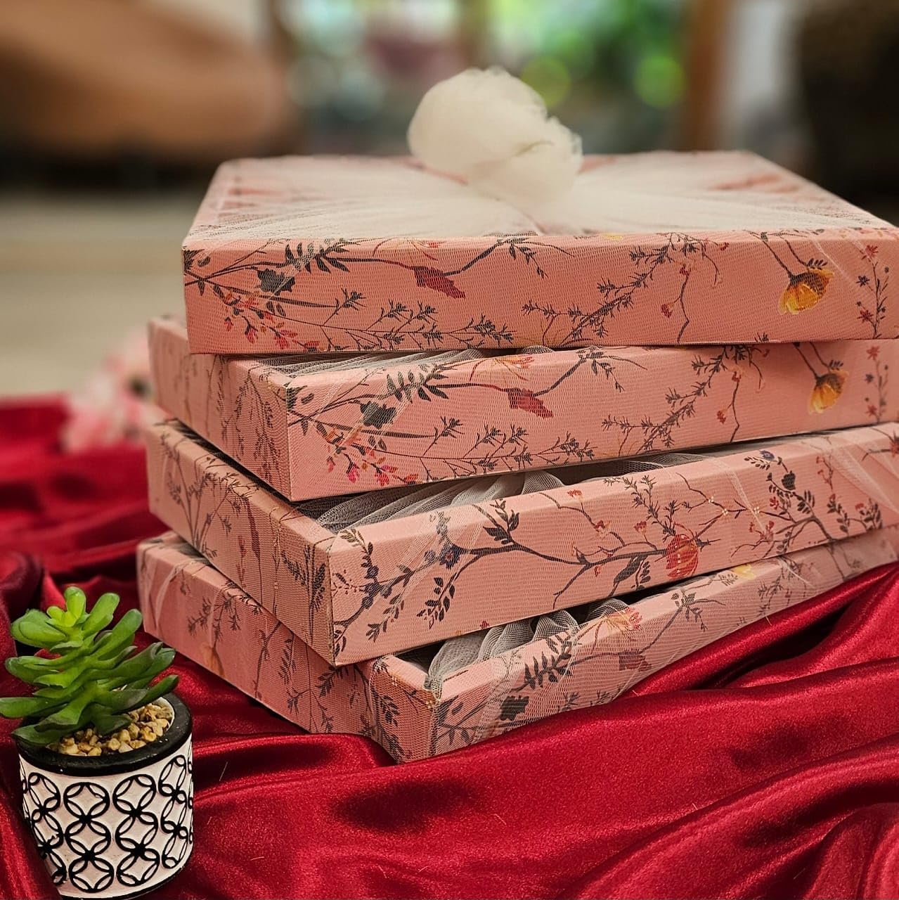 SATYAM KRAFT 3 Pcs Multipurpose Decorative Folding Gift Box | Folding Paper Hamper Boxes for Return Gifts, Sweets, DIY Craft | Rectangular Cardboard Tray with Net (Pink, Pack of 3)-image-44
