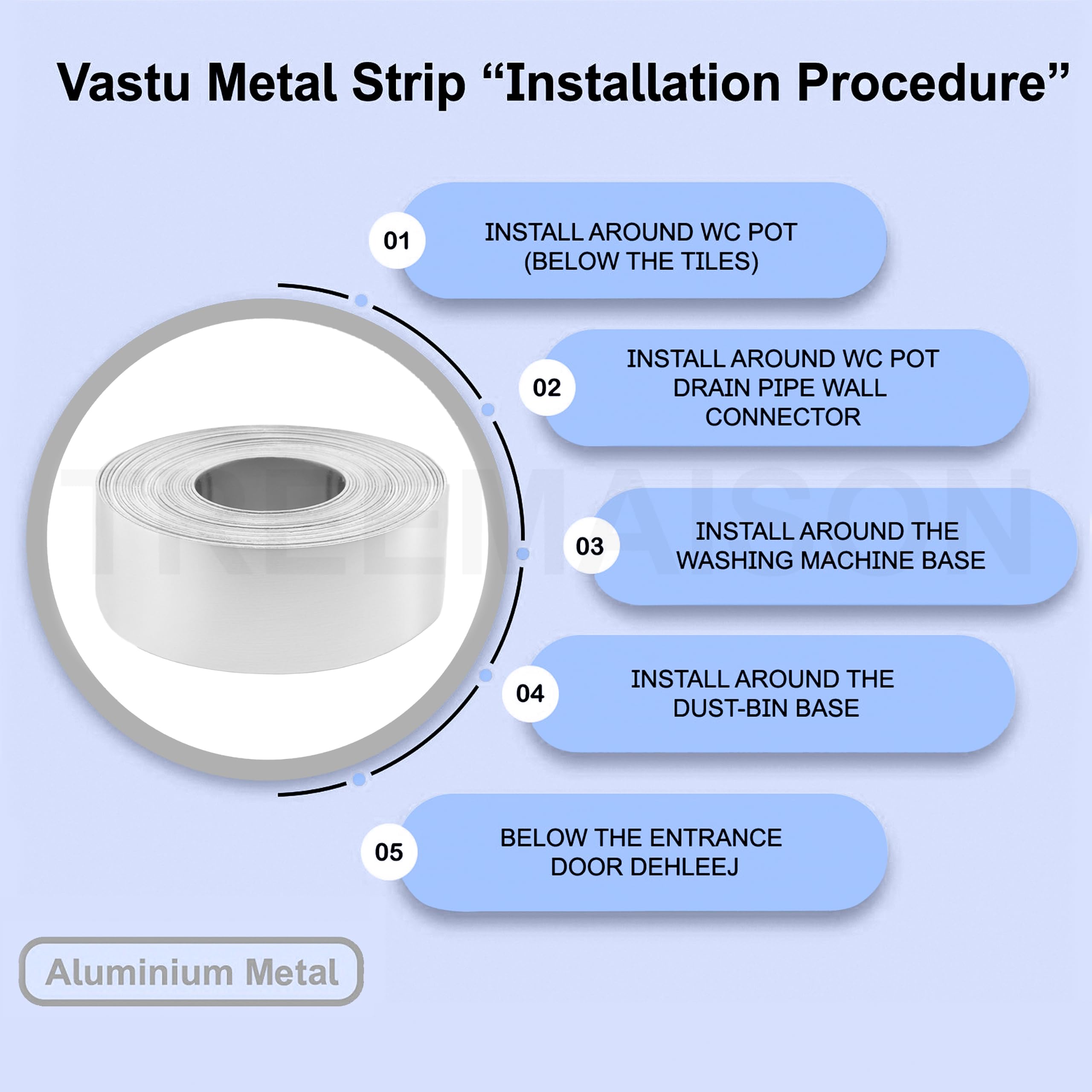 TREEMAISON Aluminium Strip | Width-0.5inch, Thickness-0.3mm, Length-8 Feet Approx | Vastu Aluminium Strip for Entrance, Toilet Correction and Zone Balancing | Vastu Strip Remedy | Pack of 1 | 3
