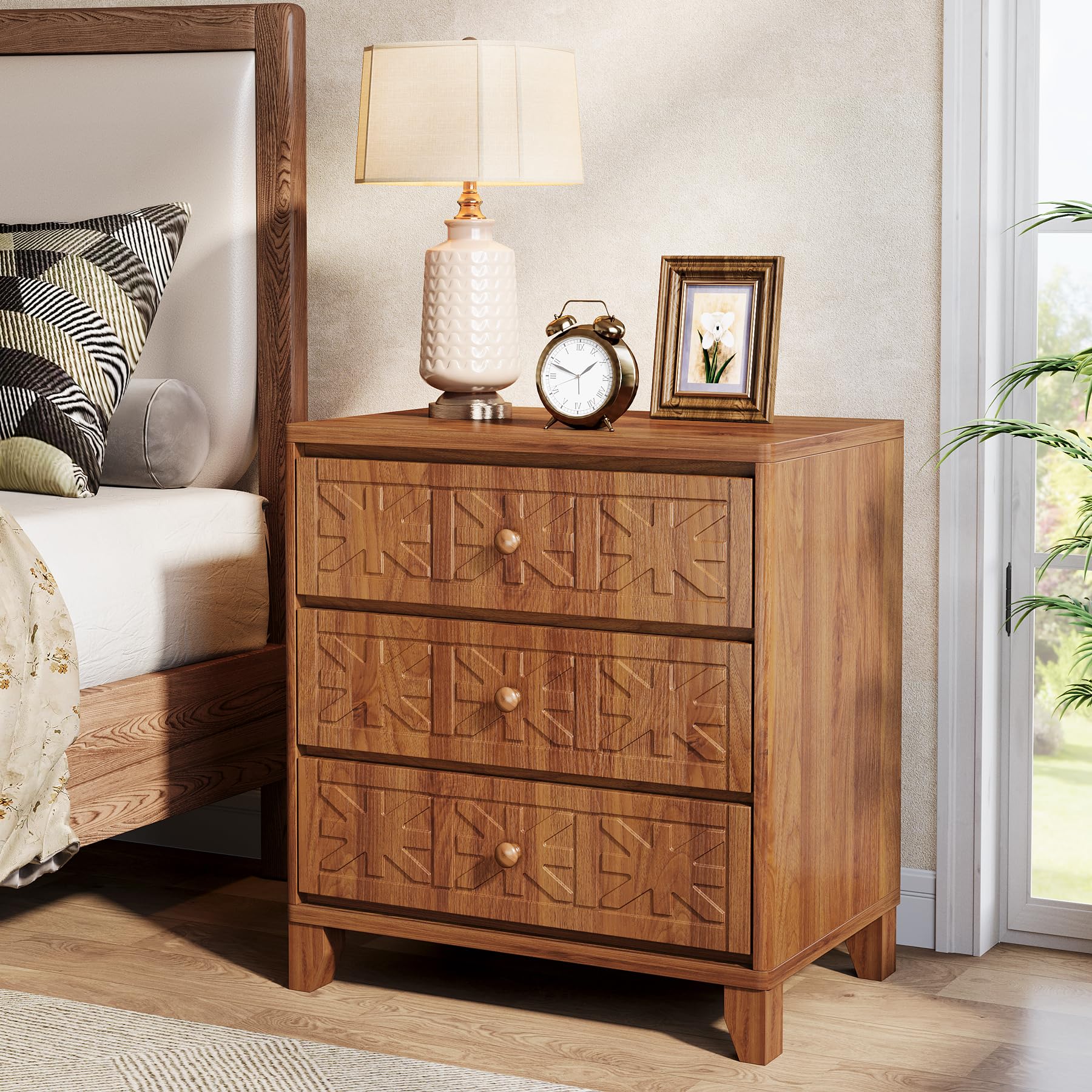Tribesigns Nightstand with 3 Drawers, Farmhouse Bedside Table with Elegant Patterns, Industrial Night Stand End Table for Bedroom, Brown