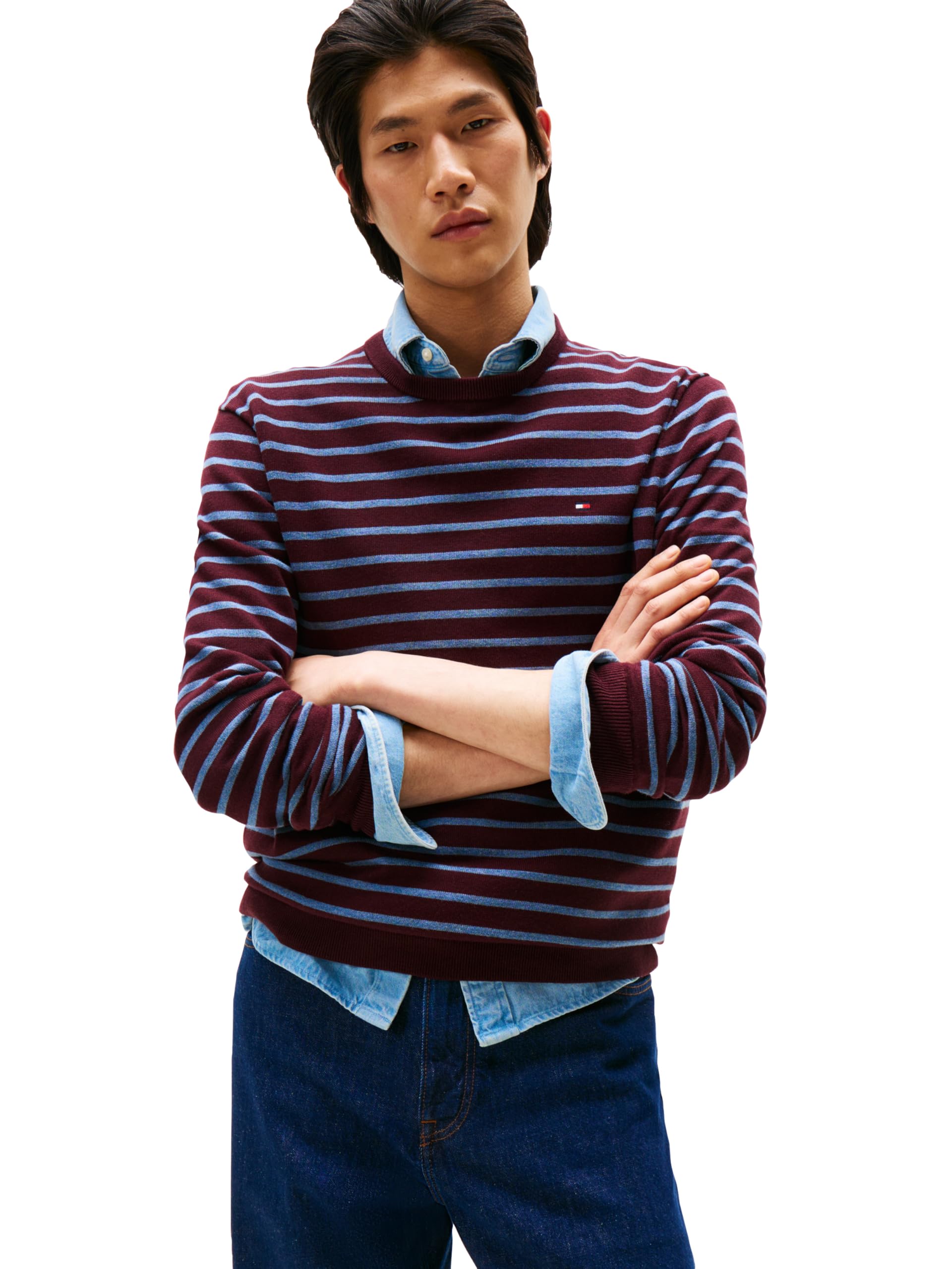 Tommy Hilfiger Herren Cotton Solid Crewneck Sweater Lightweight, Available in Big & Tall Pullover, Deep Burgundy/Petrol Blue Heather, X-Klein