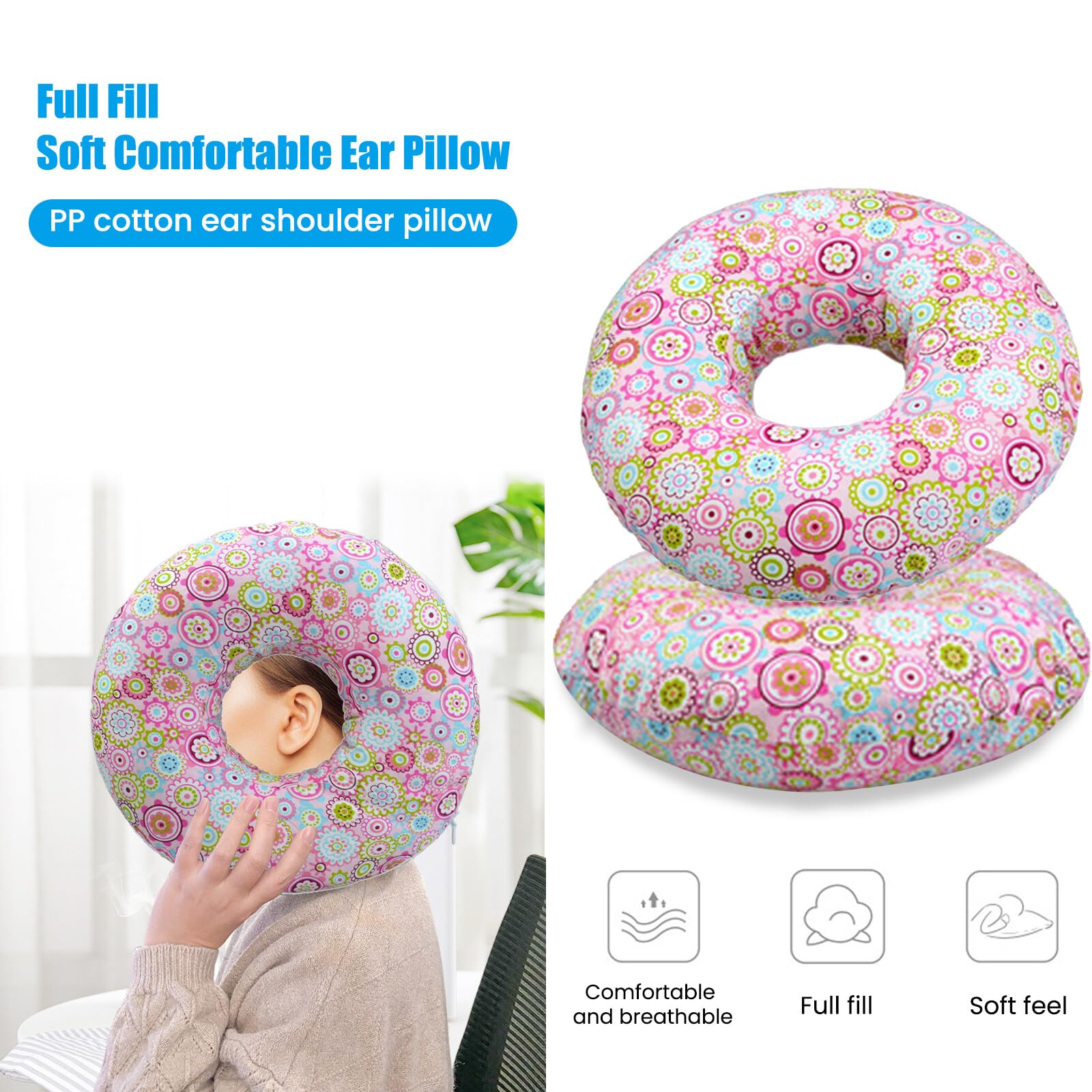 Piercing cuscino, 23 x 23 x 5 cm, cuscino rotondo a ciambella, con foro in cotone, cuscino a ciambella, cuscino per dolore alle orecchie, piercing per chi dorme sul lato