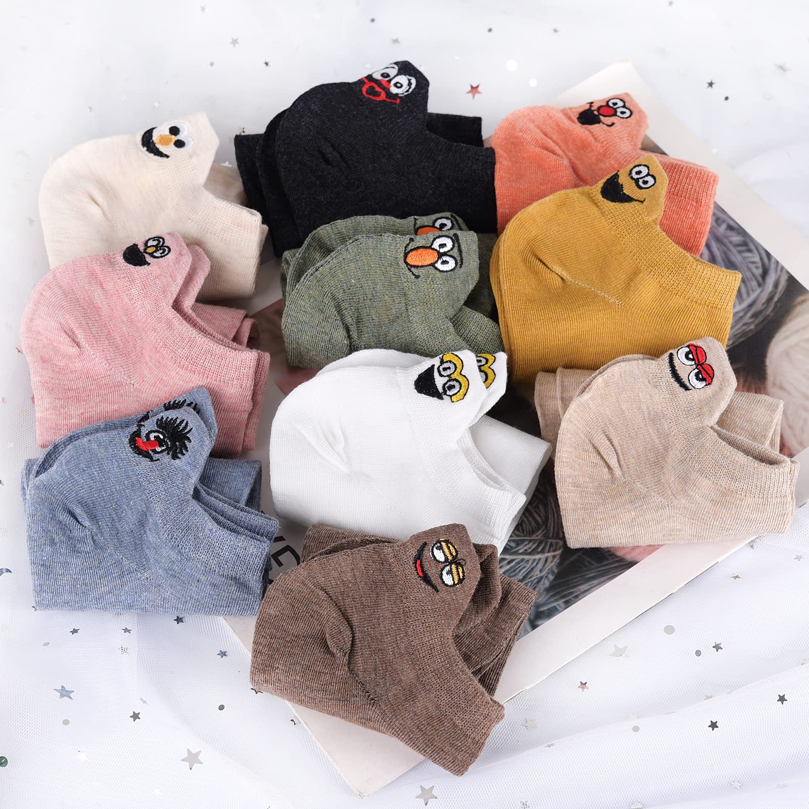 Sneaker Mädchen Socken 10 Paar Baumwolle mit hoher Dichte Komfortabel Netter Ausdruck Bestickte damen socken lustig(Zufällige Farbe), One Size