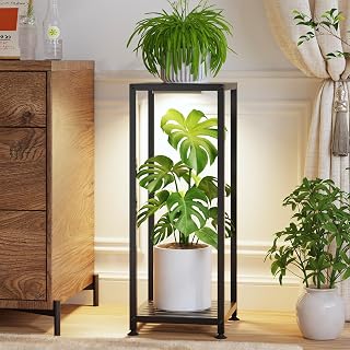 LASZOLA 2 Tier Plant Stand Tall for Indoor Outdoor with Light, Metal Black | Heavy Duty Corner Wrought Iron Pedestal Pot Holder for Large Plants, Modern Flower Shelf Display Rack for Patio Living Room