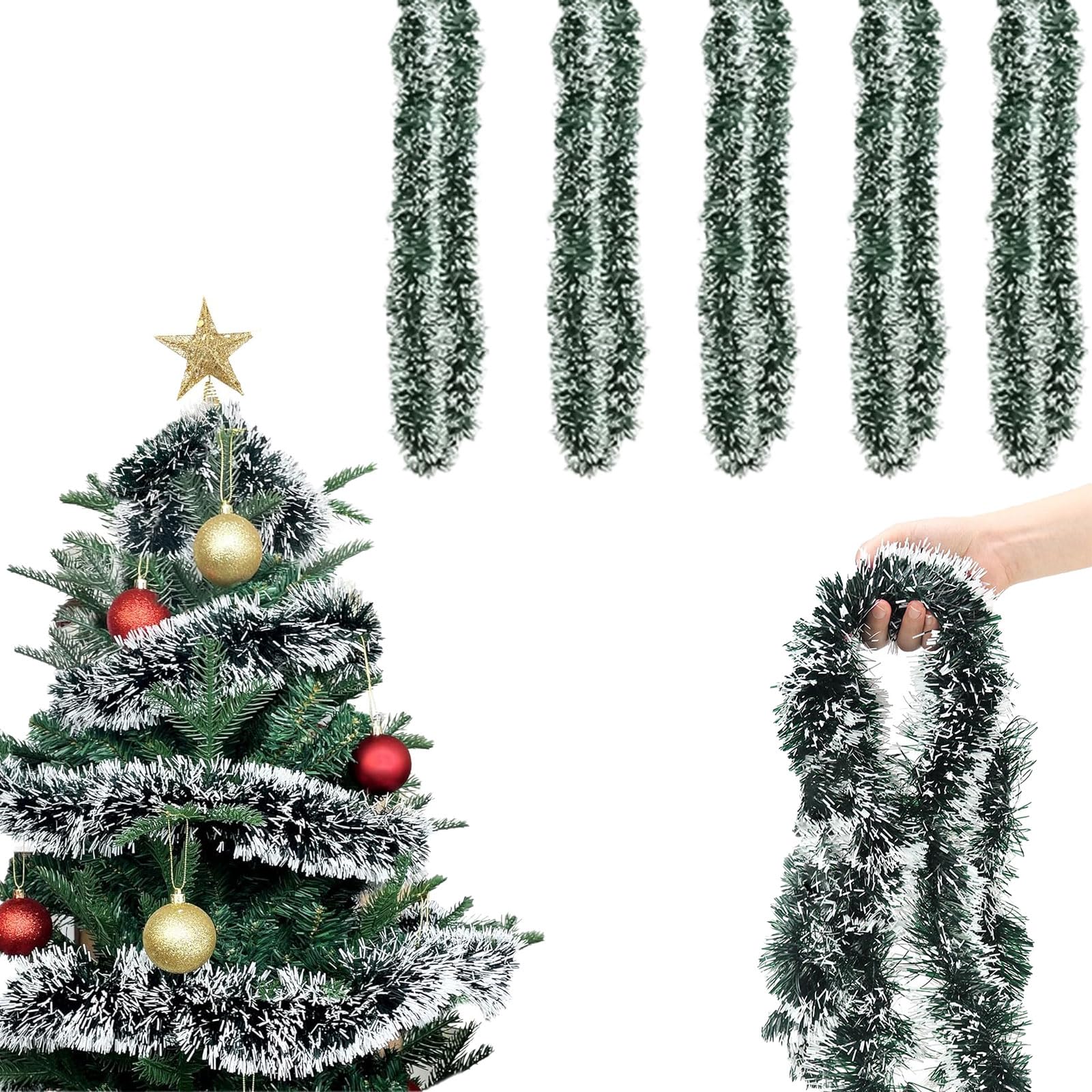 YINZZTRY Ghirlanda di Orpelli per Albero di Natale, 10m, Verde, Lucida, Abete, per Porte, Caminetti, Ringhiere delle Scale