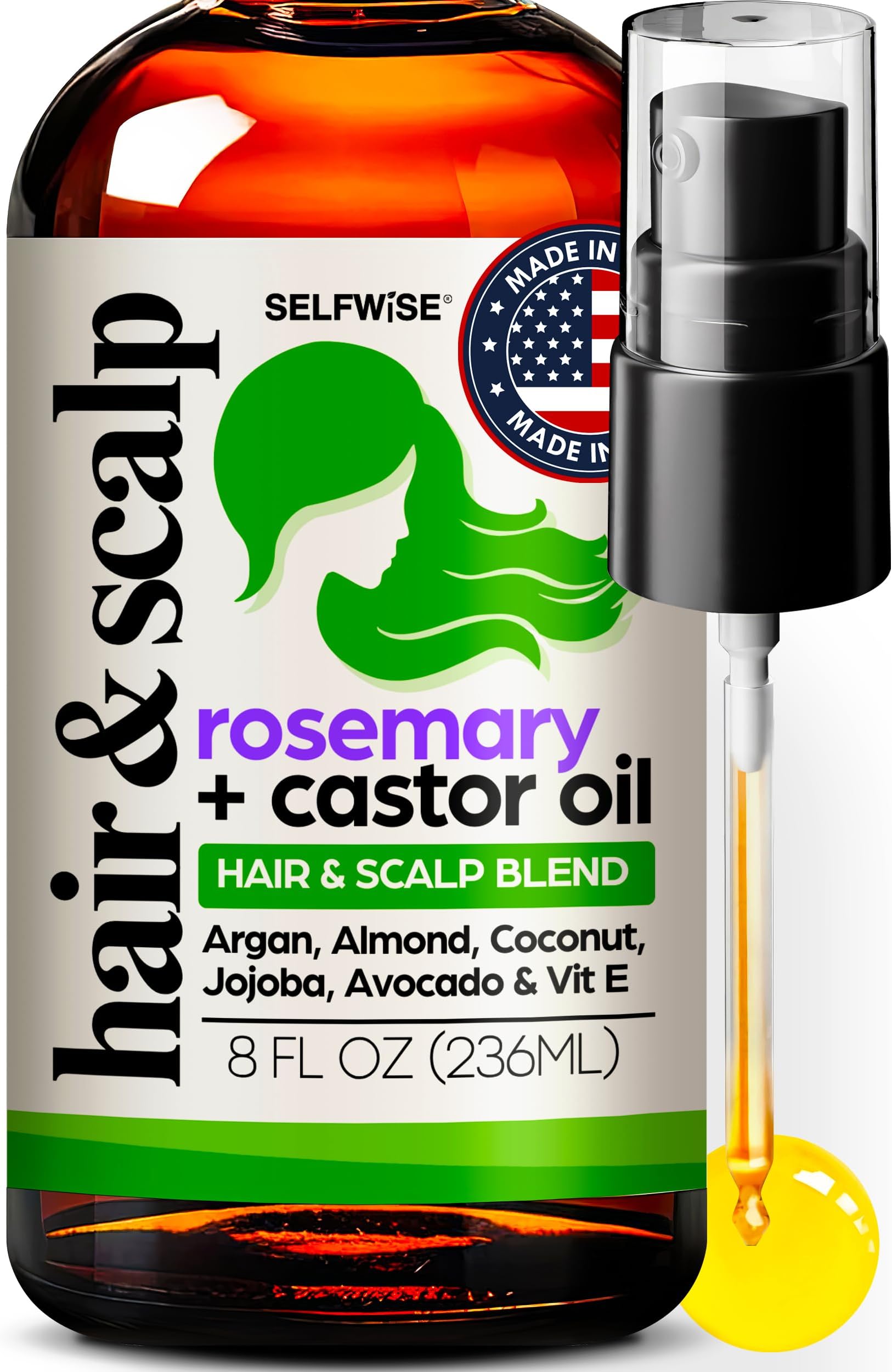Organic Rosemary Oil For Hair Growth with Castor, Argan, Coconut, Almond, Jojoba, Avocado, Grapeseed, Vitamin E, Lavender & Peppermint for Hair & Scalp Treatment, All Hair Types, Men & Women 8oz