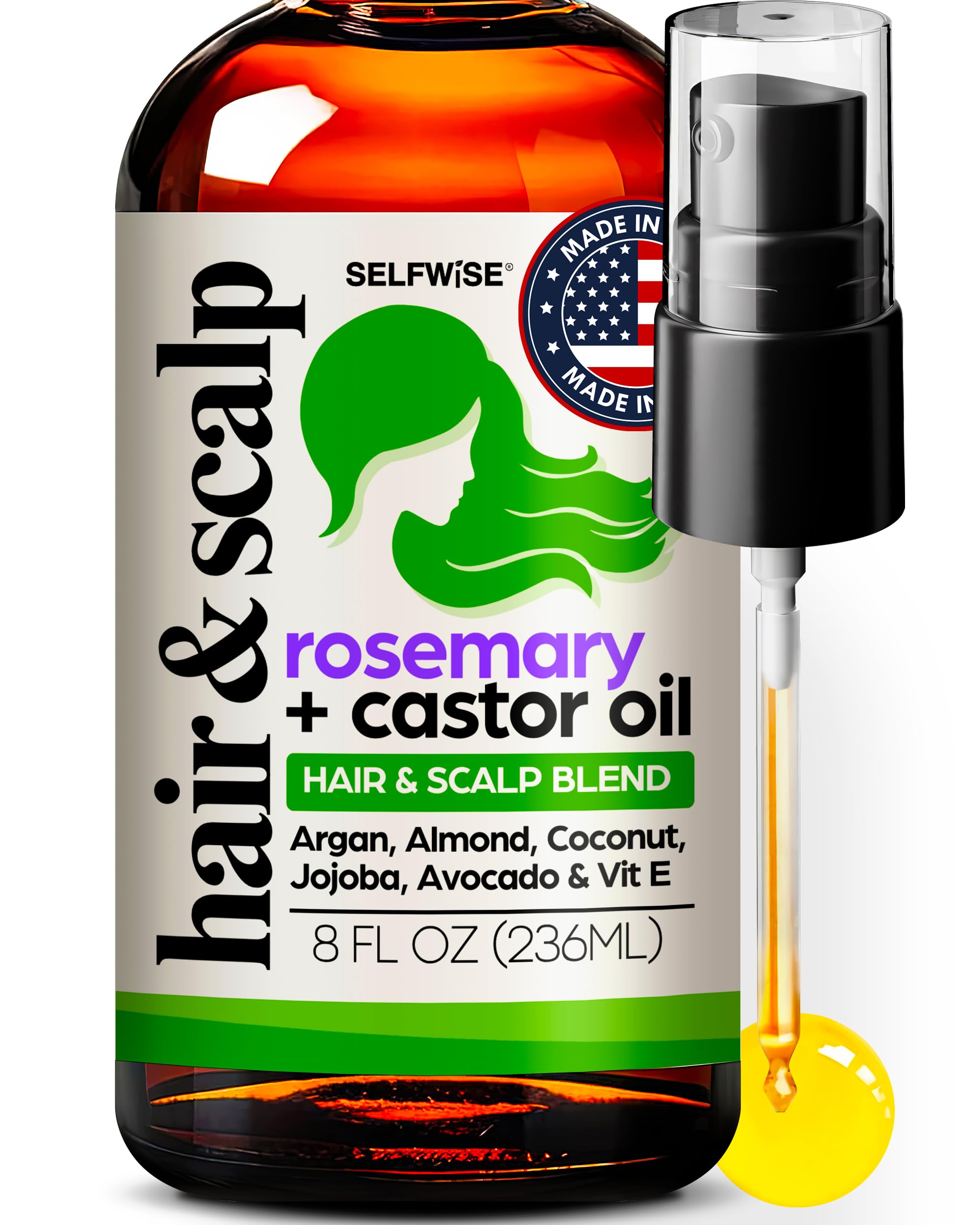 Organic Rosemary Oil For Hair Growth with Castor, Argan, Coconut, Almond, Jojoba, Avocado, Grapeseed, Vitamin E, Lavender & Peppermint for Hair & Scalp Treatment, All Hair Types, Men & Women 8oz