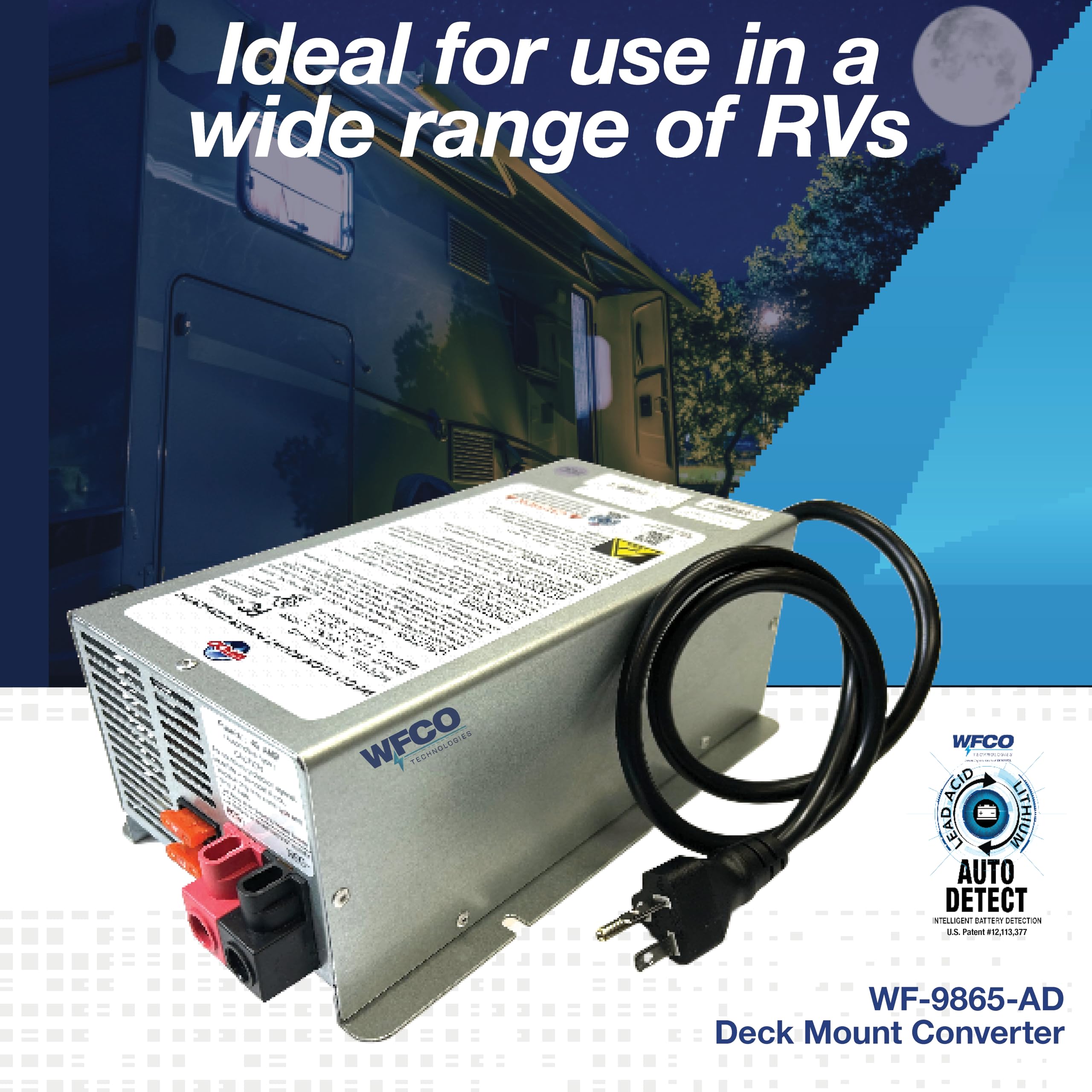 WFCO Arterra WF-9865-AD-CB Convertidor/Cargador - Montaje en Cubierta - Salida CC de 65 amperios (Cable de alimentación de CA de 20 amperios), Gris