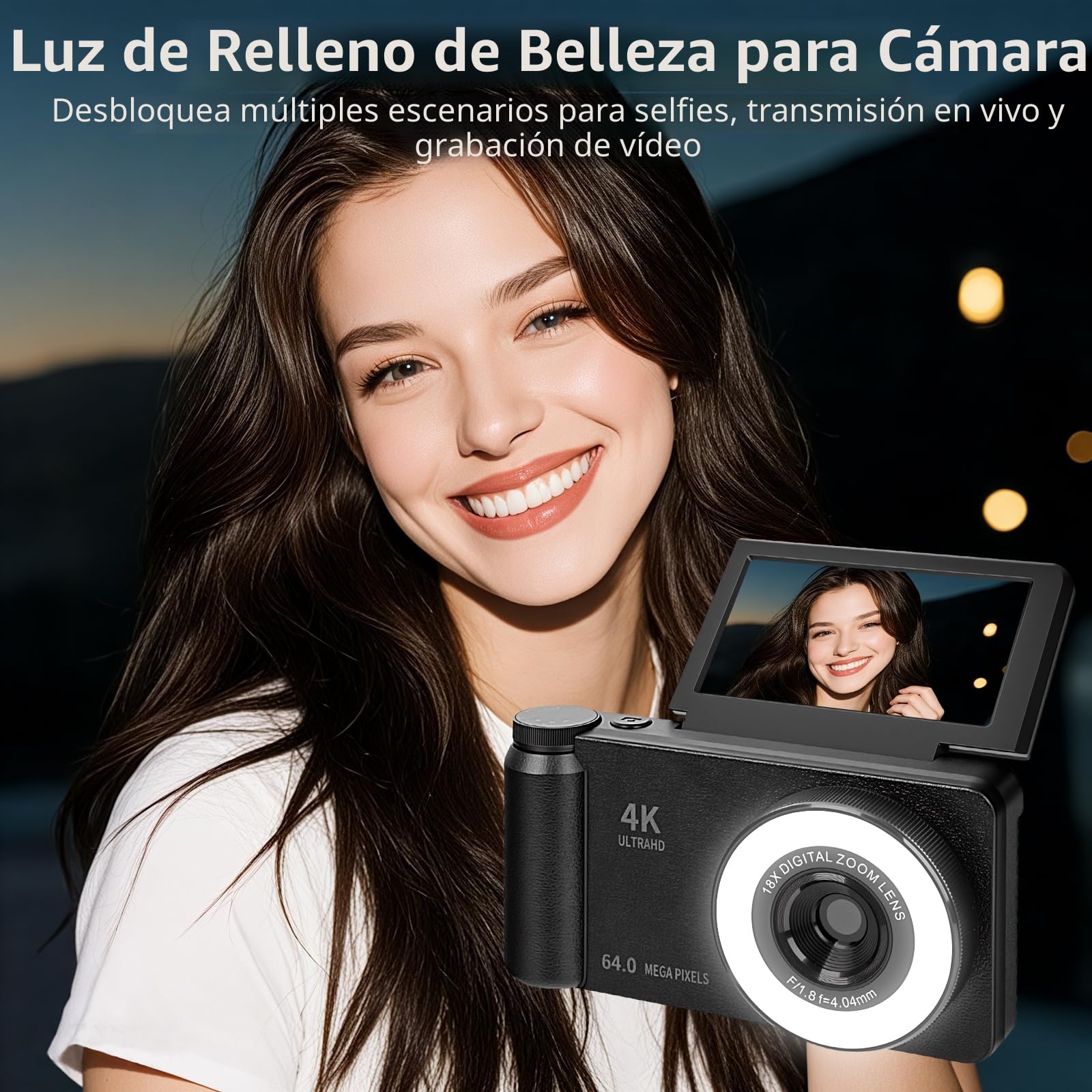 Cámara Digital 4K 64MP con Luz Beauty y Modo Belleza Cámara Digital Portátil con Pantalla Abatible 180° de 3" Zoom Digital 18X con Autofocus Cámara Compacta para Vlogging y Viajes Incluye Tarjeta 32GB