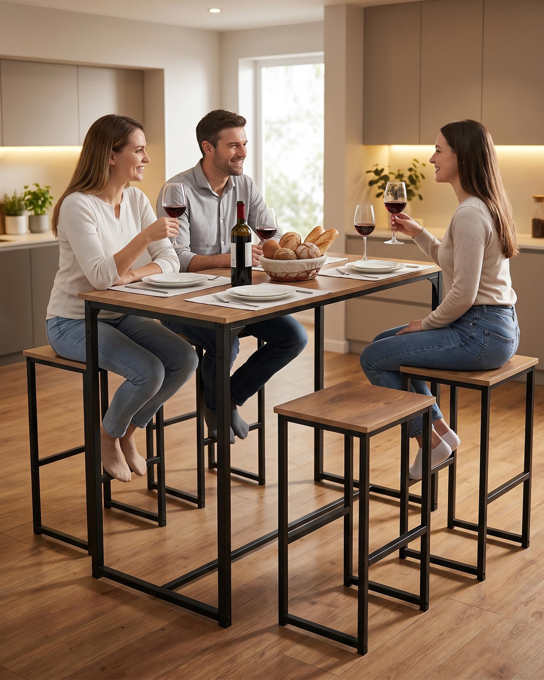 Bartisch Holz Küche, Bartisch mit Barhocker Set, Stehtisch Holz Outdoor, Hochtisch Küche mit Stühlen Set, Vielseitiges modernes Design Bistrotisch mit 4 Stühlen