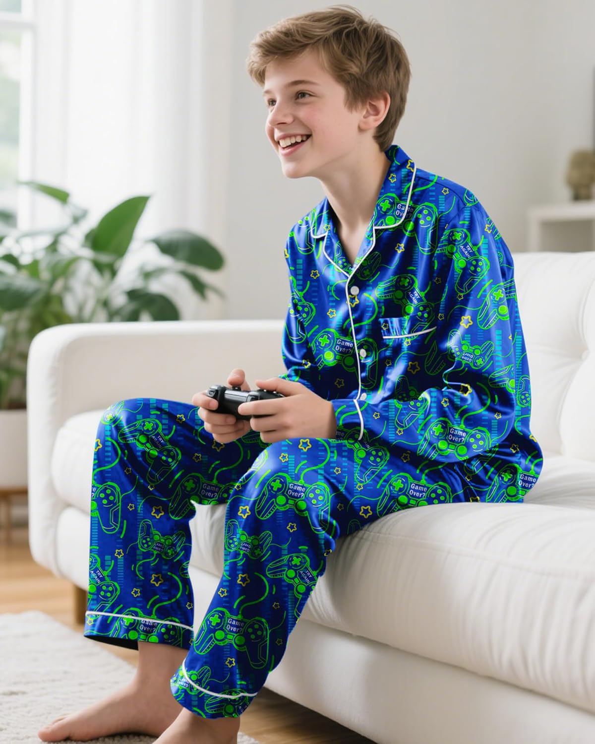 Fiodrimy Boys Pajamas Silky Satin Big Boys PJs Set 2 Piece Sleepwear Button Down Kids Jammies Loungewear Clothes Size 8-14 - Image 3