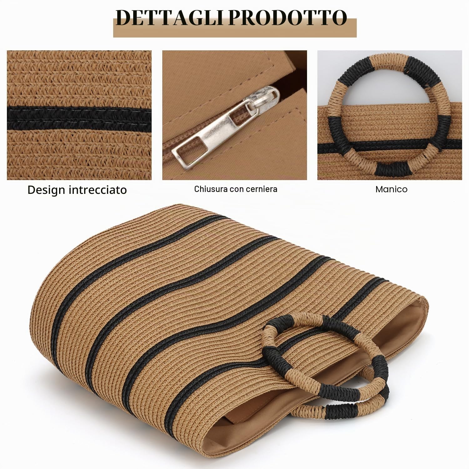 EVEOUT Borsa Tote in paglia per Donna Borsa a Cesto da Spiaggia Intrecciata Estiva Borsa a mano in Rafia a Righe per Vacanze Viaggio