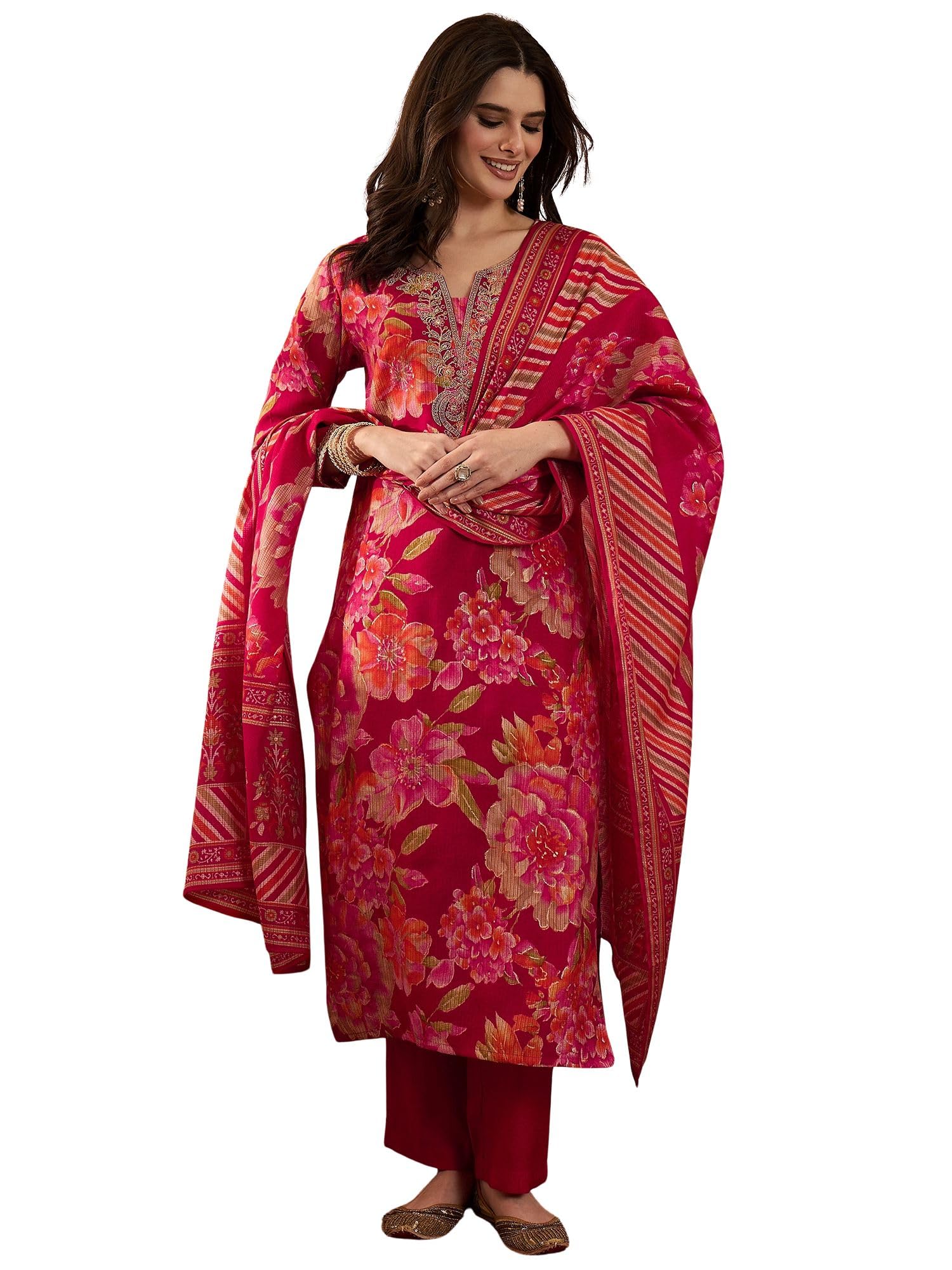 Women's Pink Polyester Printed Straight Floral Kurta Trousers With Dupatta Set | Fusion Straight Kurta Set For Women | Floral Salwar Suit For Women-image-36