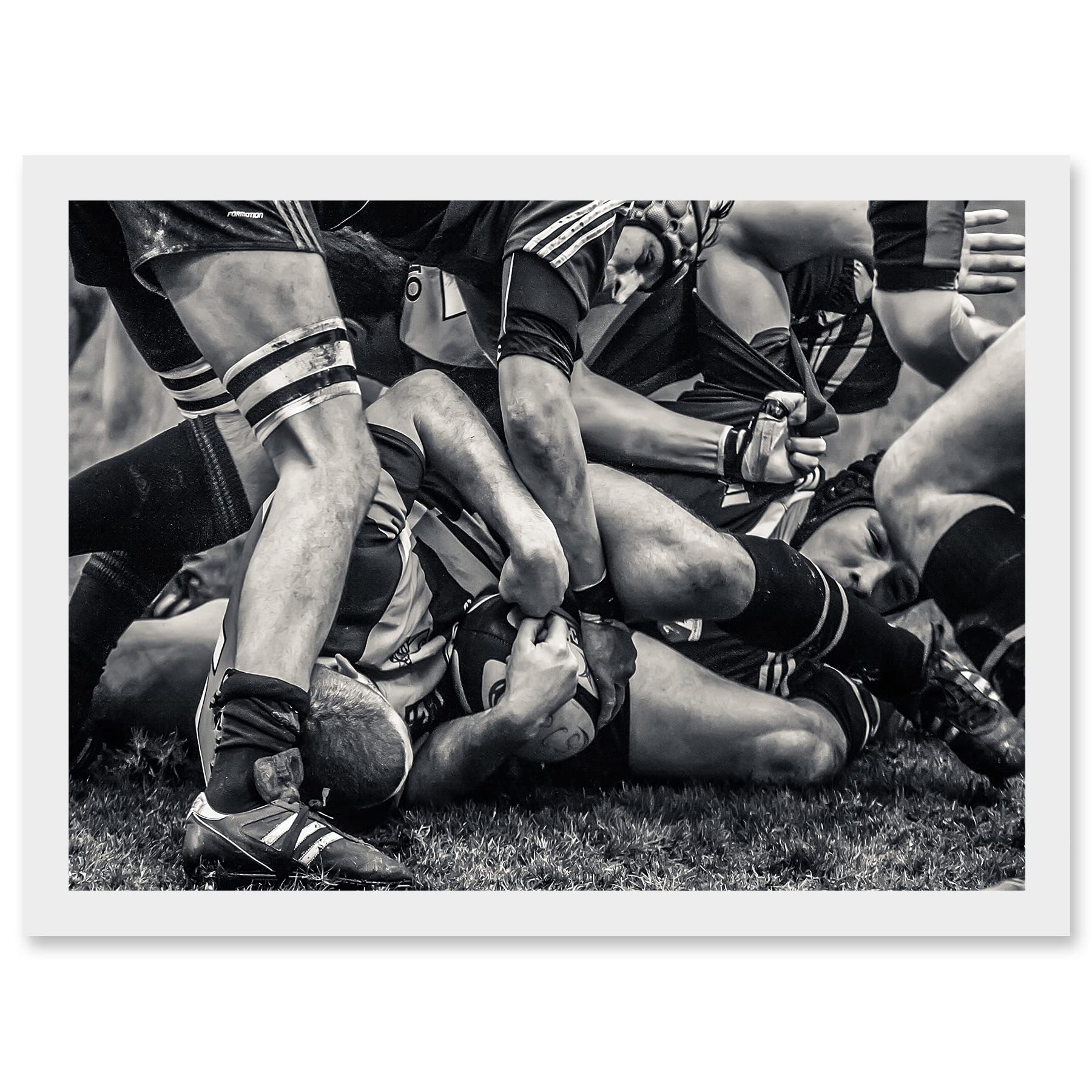 Artery8 B&W Rugby Match Close Up Scrum Teams HDR A4 Artwork Framed Wall Art Print