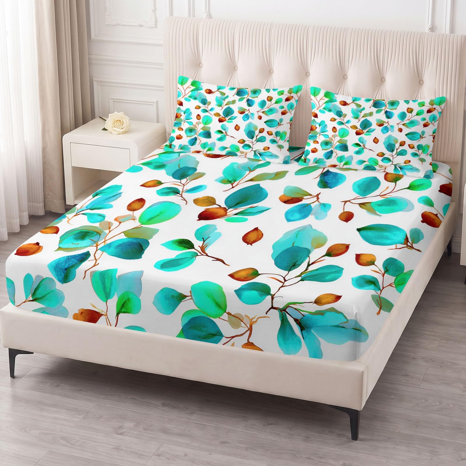 Juego de 3 sábanas bajeras ajustables de 140 x 200 cm para cuna, plantas de acuarela, sábana bajera de microfibra transpirable, sábana bajera con hojas verdes y 2 fundas de almohada con cremallera