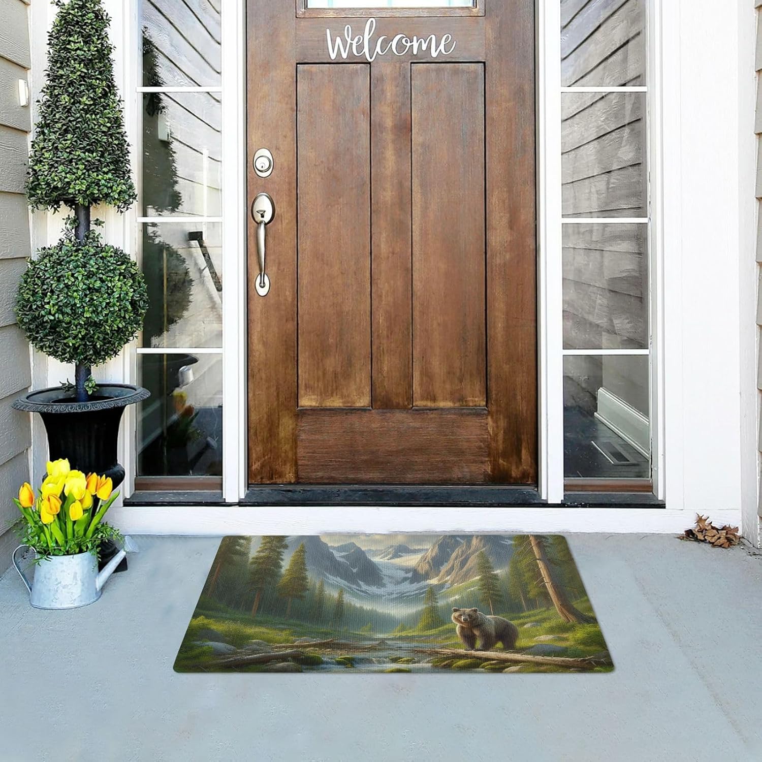Mountain Stream Bear Scene Doormats, 32x20 Indoor Door Mats for Entryway Non Slip Washable Non-Slip Backing Entry Mat