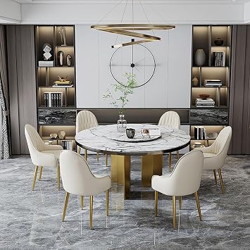 Mid Century Modern Dining Chair Set of 6, Kitchen Dining Room Chairs, Upholstered Faux Leather Side Chair with Gold Metal Frame, Beige