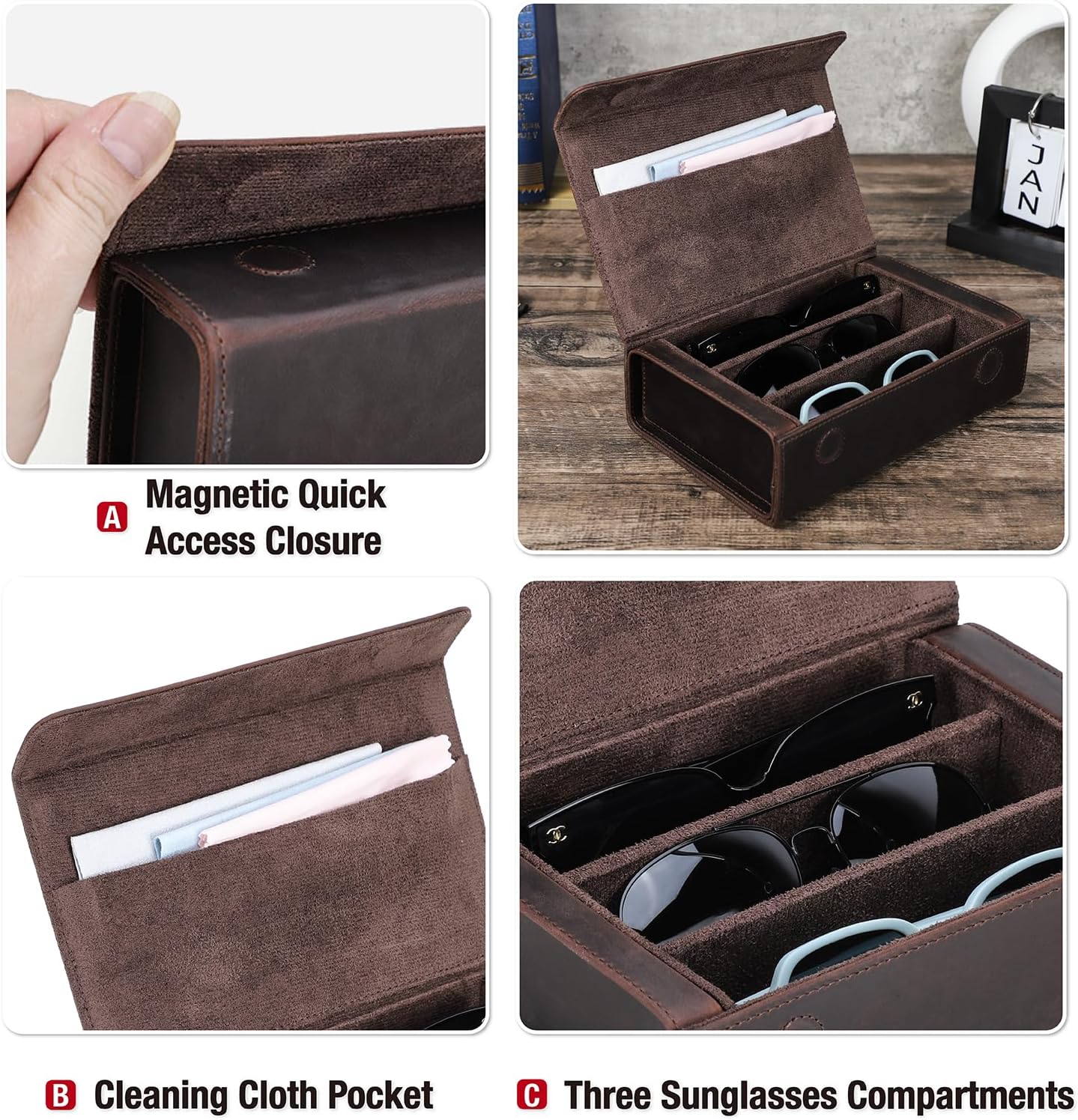 Sunglasses Organizer Case for Man & Woman, Top Grain Leather & Handmade, Portable Travel Eyeglasses Storage Holder