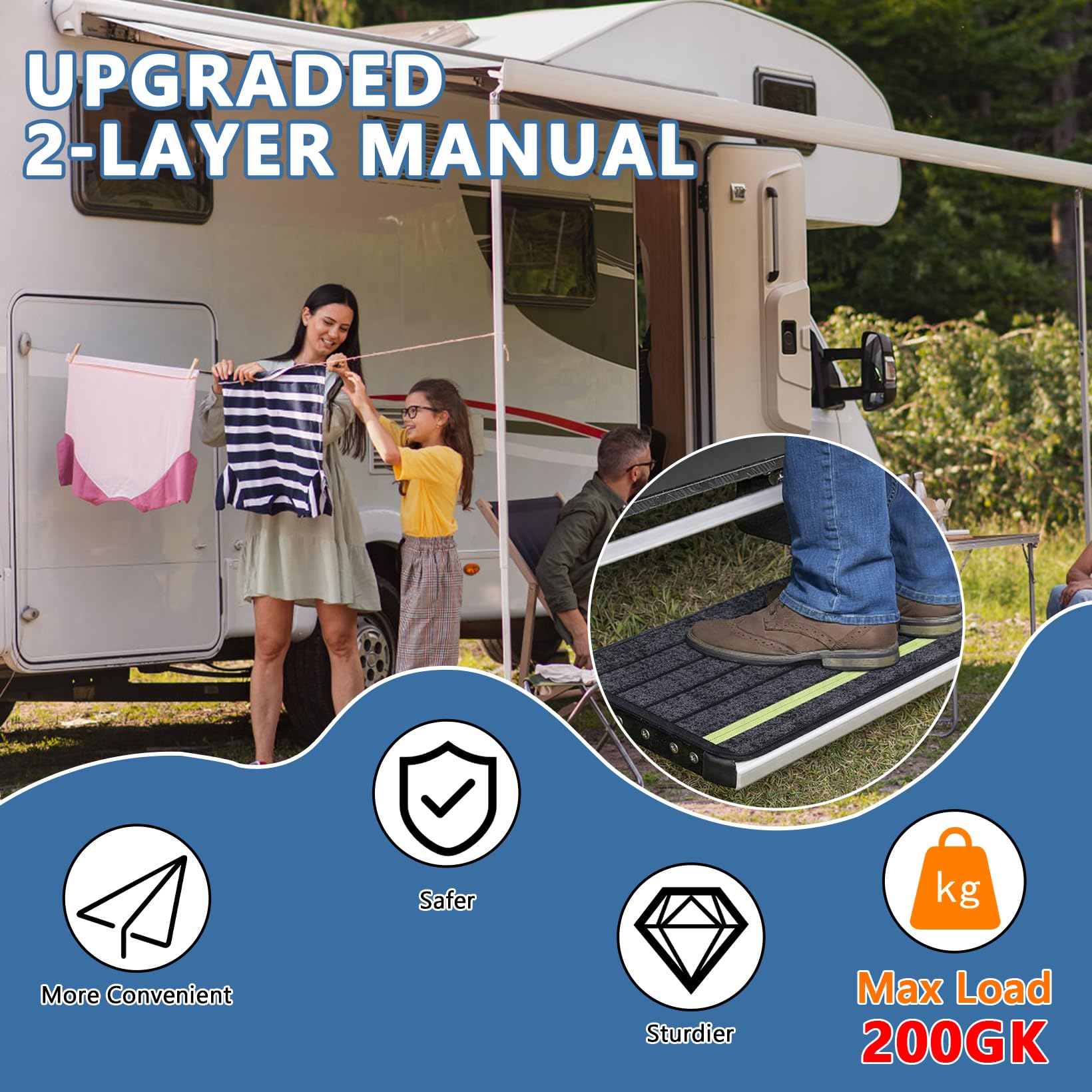 Escalera Manual para Autocaravana, Plegable, con Alfombrilla Antideslizante, peldaño de una Sola Capa, para Autocaravana, Caravana, Remolque de Viaje, Carga máxima de 200 kg