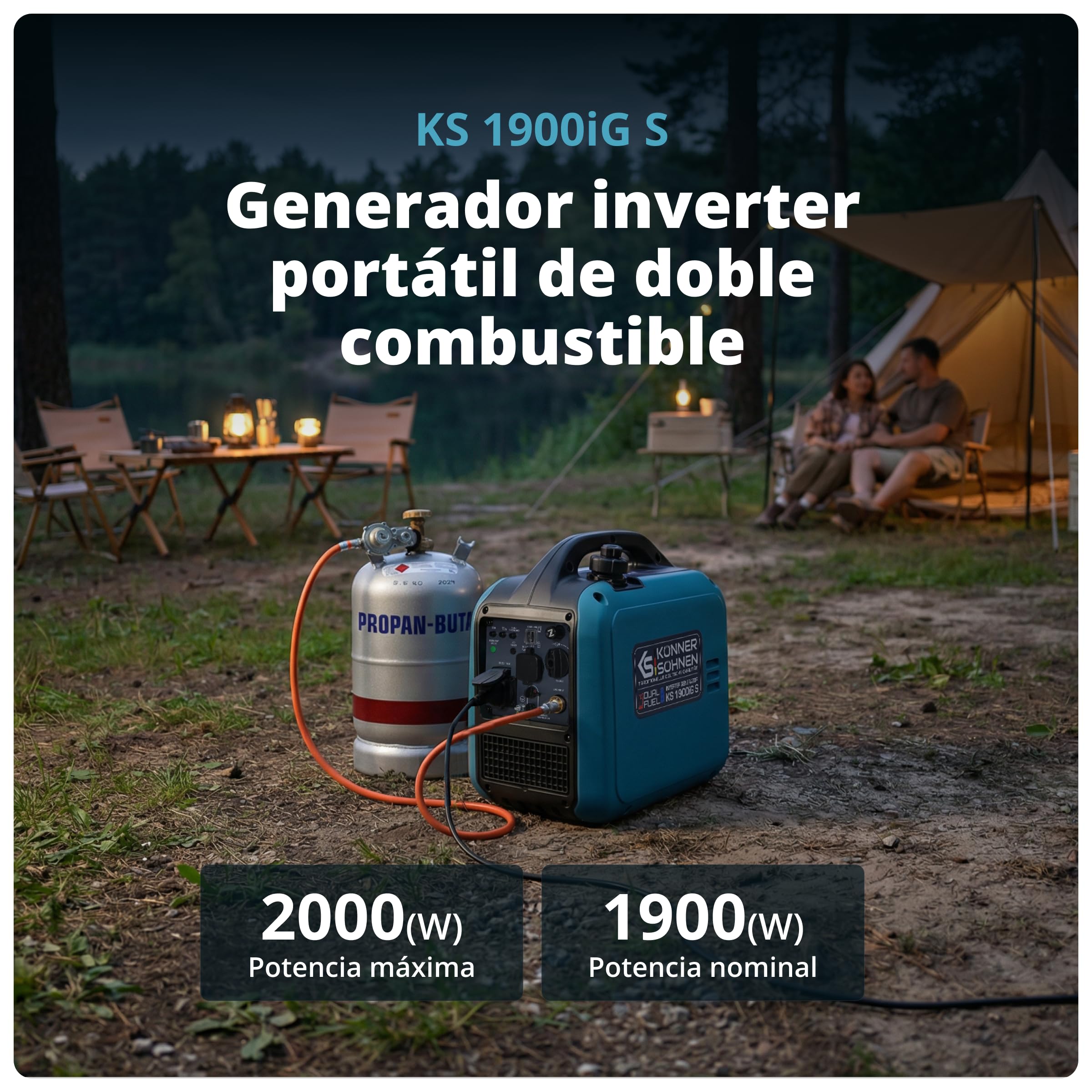Generador inversor Könner & Söhnen KS 1900iG S LPG de 2,0 kW, combustible dual, generador de corriente inversor Eco-Mode, de gasolina para uso en exteriores, de gasolina, Euro-5