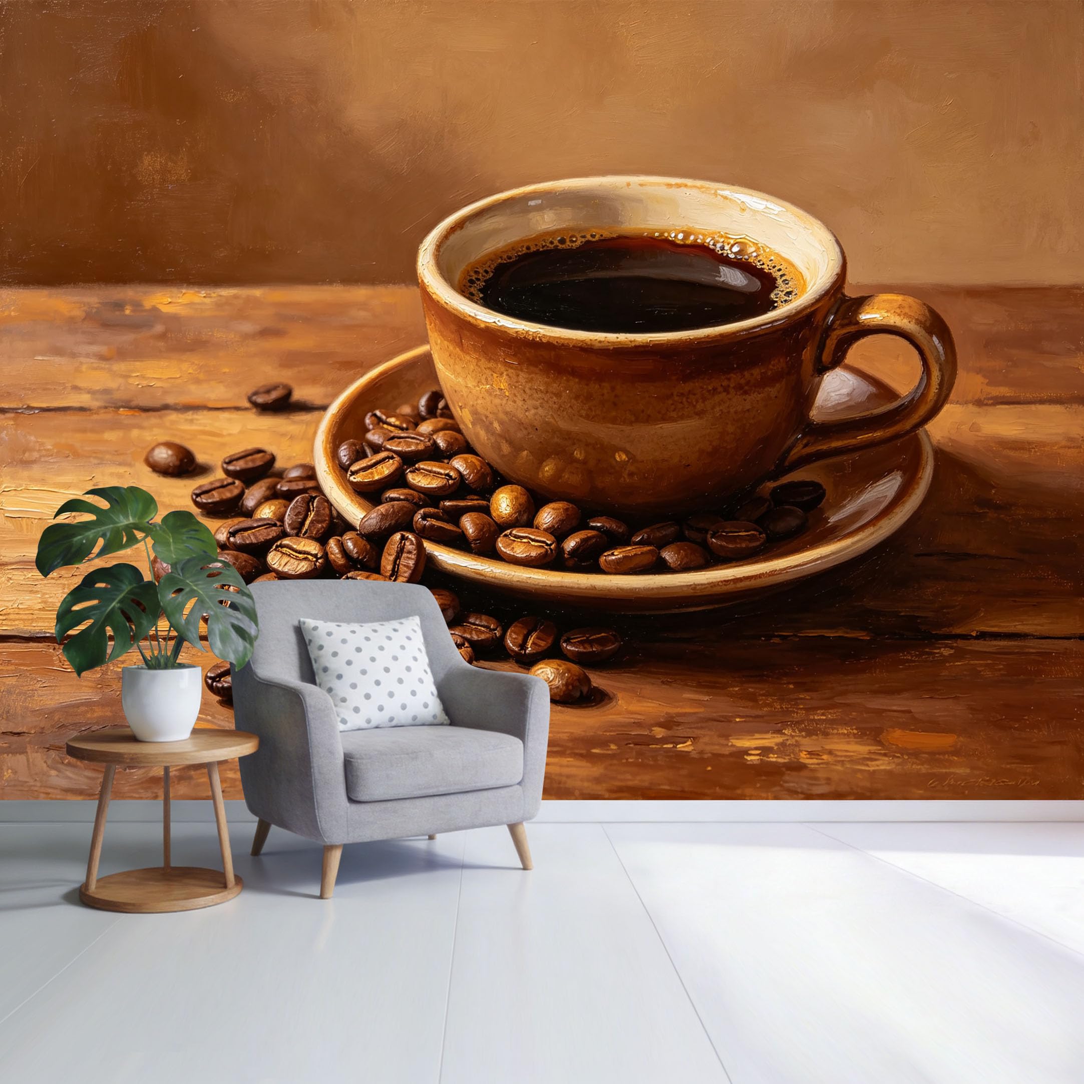 Custom Size Wall Mural Coffee Cup and Roasted Beans Warm Vintage Kitchen Art Oil Painting Style SelfAdhesive Wall Fabric Removable Wallpaper for Home Office Decor