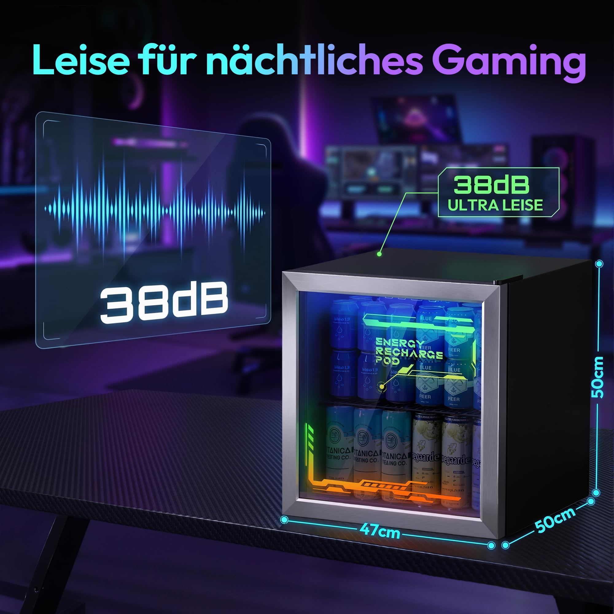 TRIUMPHKEY 50L Getränkekühlschrank mit Glastür und RGB-LED-Beleuchtung