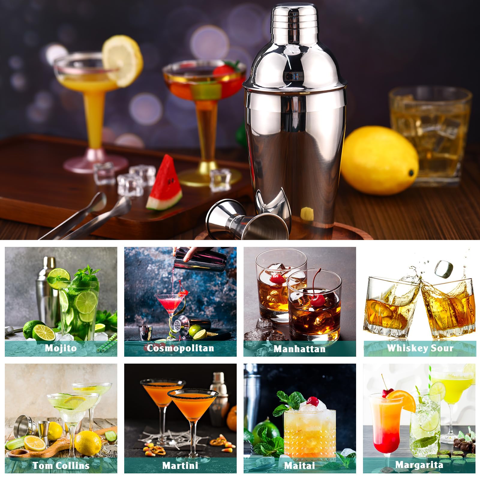4 paquetes de coctelera de Martini, mezclador de Martini de acero inoxidable con colador y doble jigger de medición para bar, fiesta, uso doméstico, herramienta de mezcla de bar de vino (18 oz/ 18.6 6