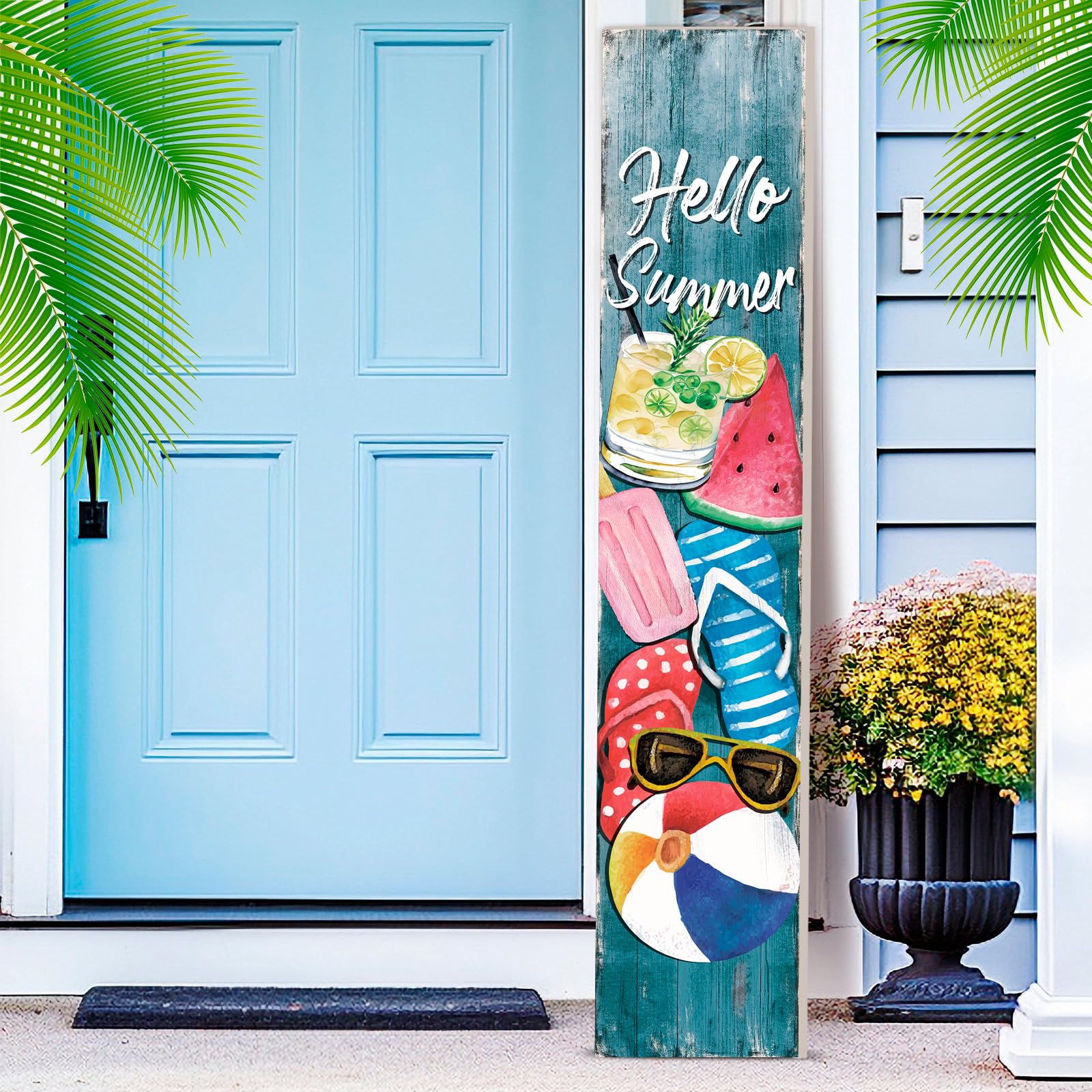 Chitidr Hello Summer Porch Sign Wooden Summer Sign for Front Porch Vertical Welcome Door Decor Rustic Watermelon Sunglasses Front Decor for Farmhouse
